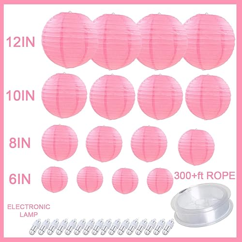 Miniatura 3 de Pink Paper Lanterns with Lights16pcs 6" 8" 10" 12" Hanging Decorative Chinese Paper Lantern with 300ft Fishing line for Wedding Baby Shower Birthday