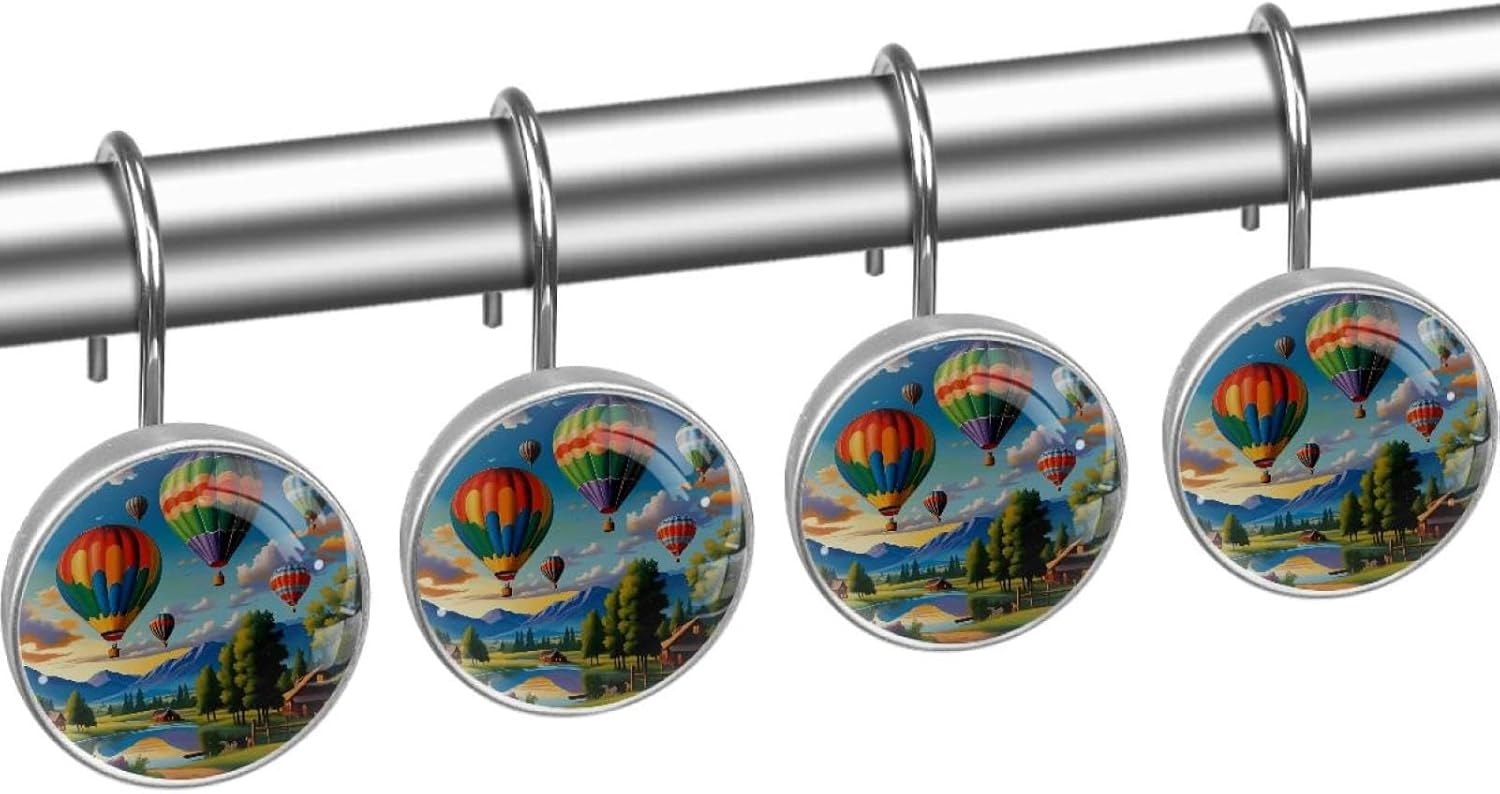 12PCS Round Shower Curtain Hooks, Hot Air Balloons Landscape Crystal Decorative Curtain Rings, Rustproof Shower Rings for Bathroom Home Decor