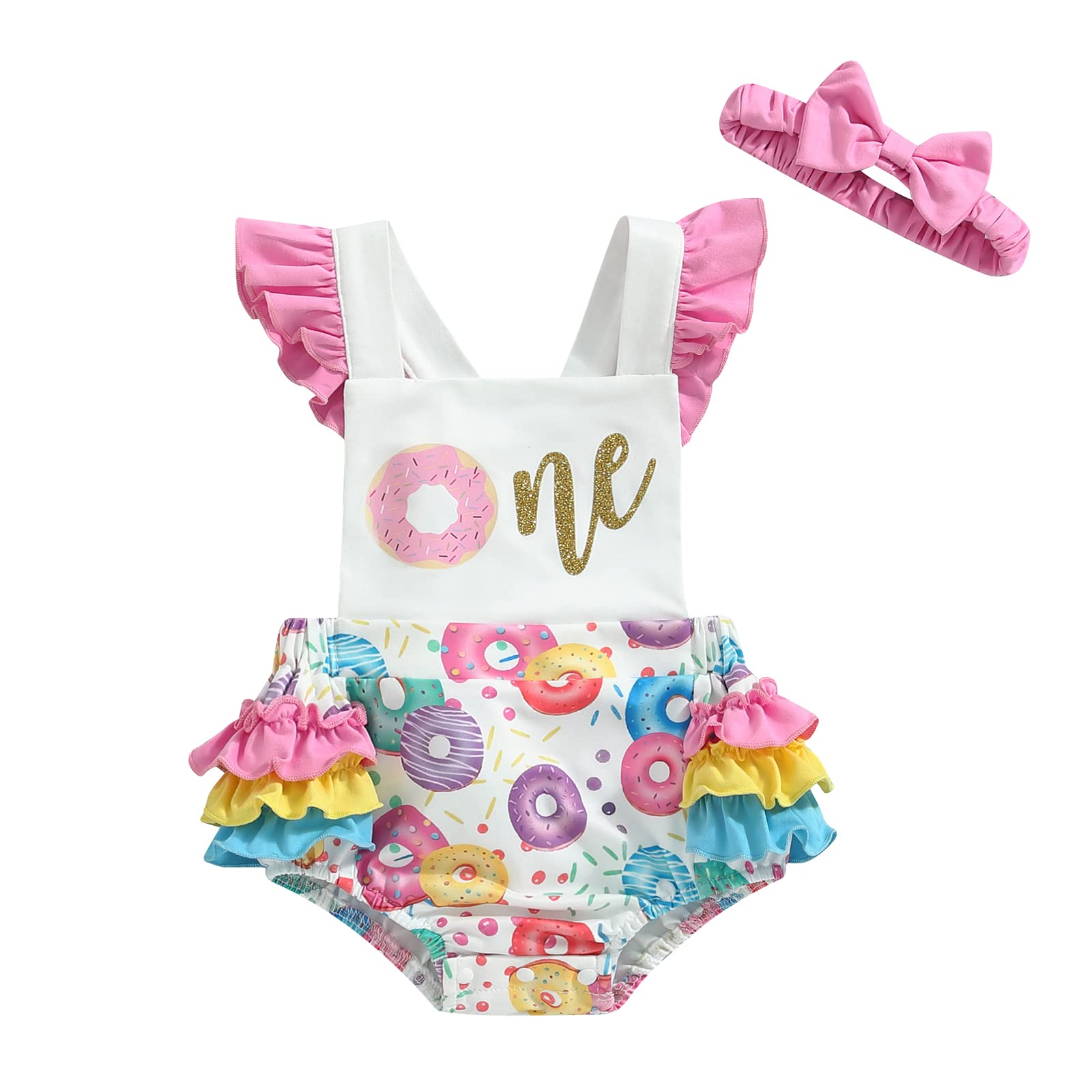 FEIBEL Baby Girl 1St Birthday Romper Sweet Flutter-sleeve Backless Ruffle Bodysuit One-Piece Donut Playsuit with Headband (A-White, 6-12 Months)