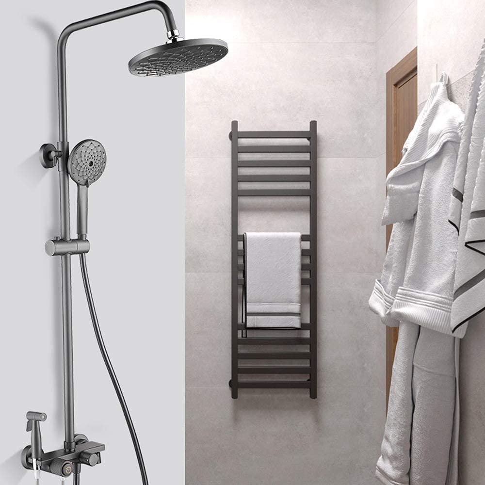 Set Doccia con Miscelatore a Pioggia Classic Rain Grigio Scuro, Set Doccia a Parete con soffione, doccetta, Rubinetto per Vasca, doccetta per Bidet(Round)