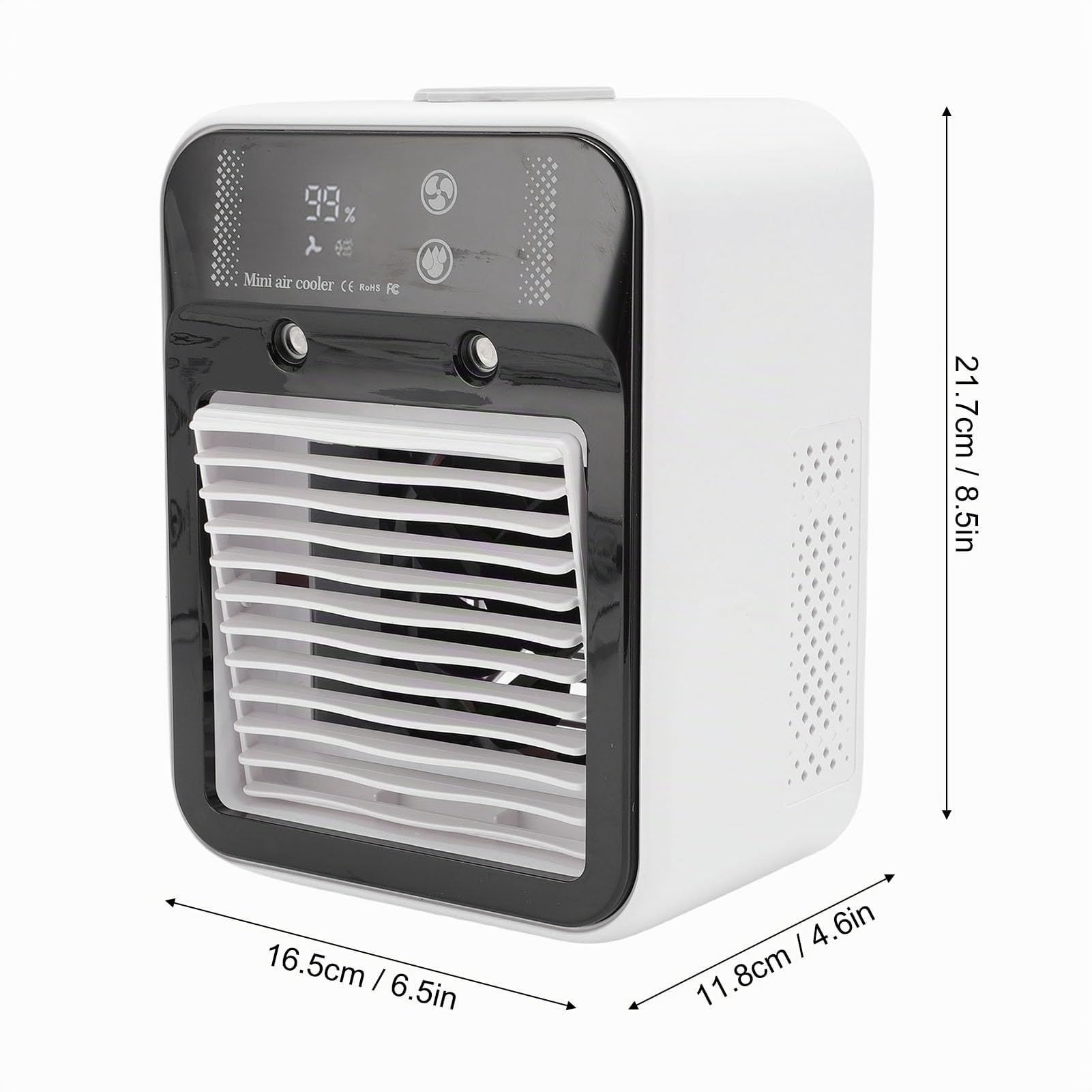 Mini Rafraîchisseur d’Air Bureau USB Rechargeable avec Brume | Batterie 3000mAh, brumisation, affichage digital, poignée, 2 modes d’air, moins de 55dB, format compact.
