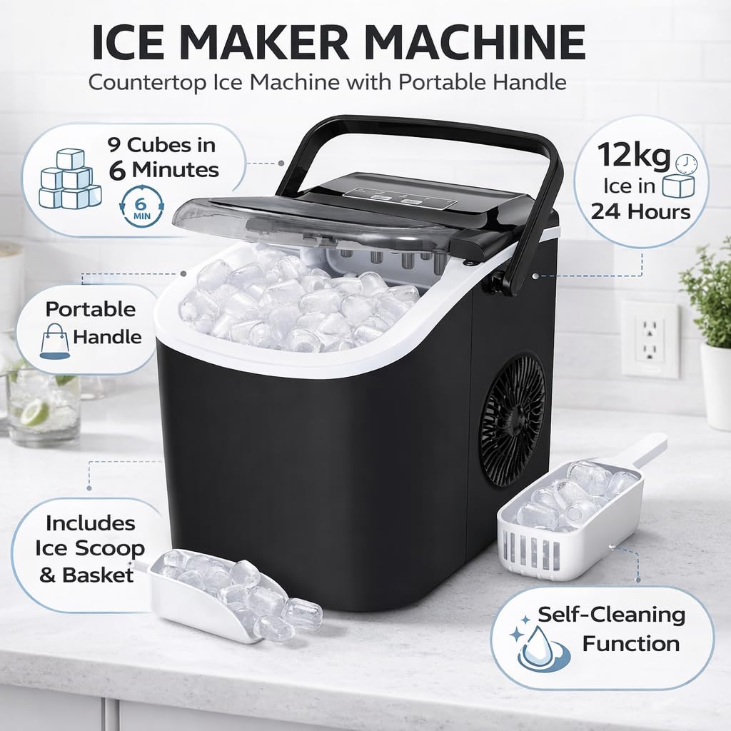 Macchina per il ghiaccio | Macchina per il ghiaccio da banco con manico portatile | 9 cubetti pronti in 6 minuti | 12 kg in 24 ore | autopulente | paletta e cestino | per casa/cucina/ufficio/bar (nero
