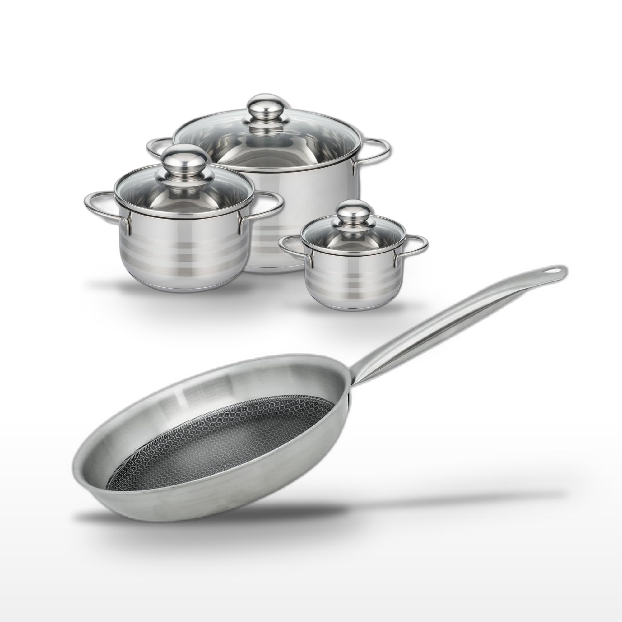 Elo Batterie de cuisine 1 poêle 28 cm et 3 faitouts 12/16/24 cm | Poêle 28 cm et 3 faitouts, Inox aluminium et acier, Induction four vitrocéramique gaz, Collection Relief Solution, Sans PFAS