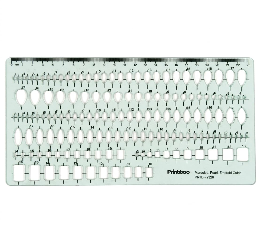 Printtoo 2mm Thick Multi-Shaped Jewelry Design Template Ruler, Clear Green Acrylic Gemstone Stencil with Marquise, Pearl & Emerald Guides, Reusable Drafting Tool for Art & Design