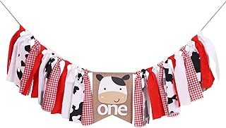 Farm Cow for First Birthday Highchair Banner - Boy or Girl High Chair One First 1st Barnyard Smash Cake Cow Western Fabric Picnic Decorations Cow , Party Decor for Baby Showers (Farm Cow Highchair Banner)