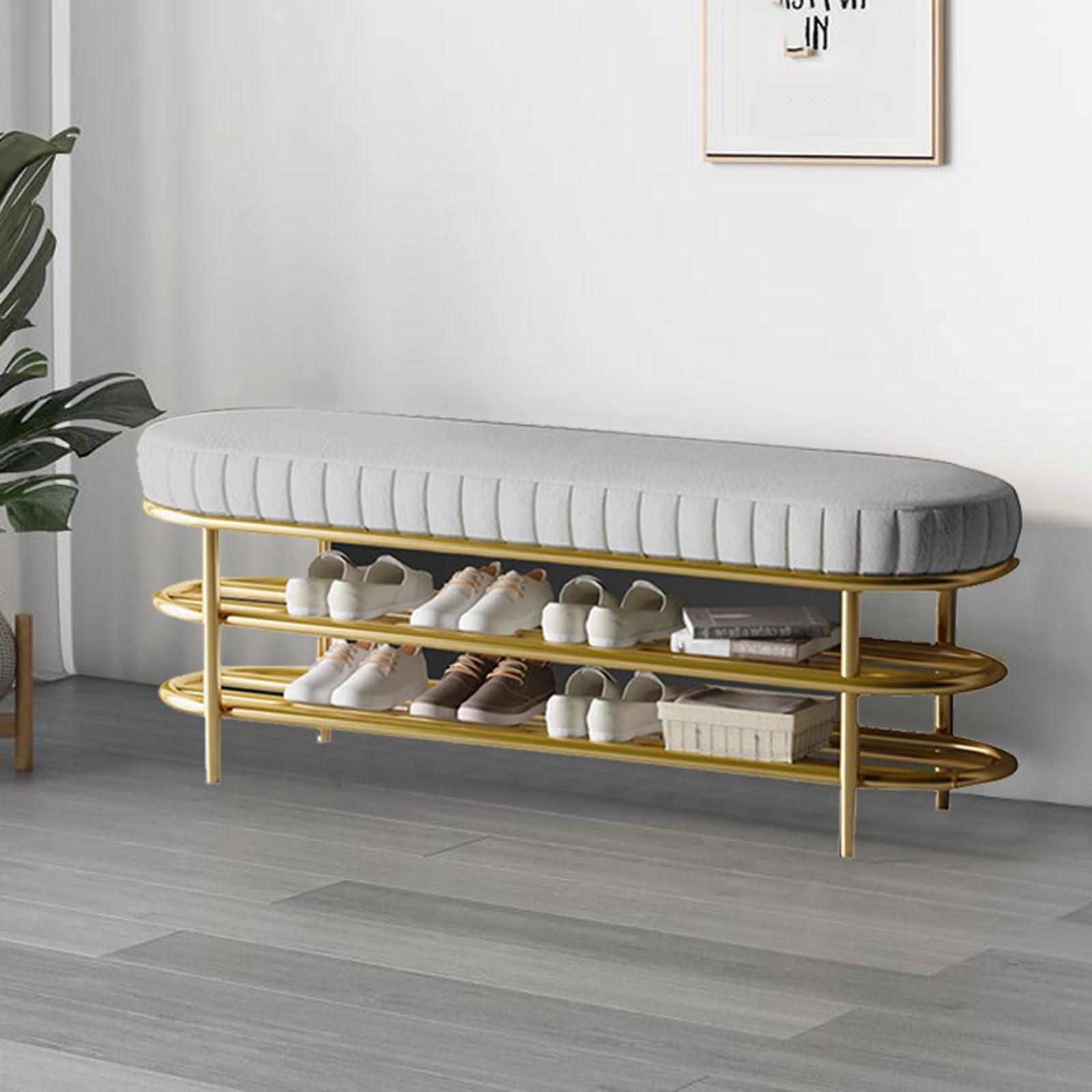 GDMDPTE Modern Leather Padded Shoe Bench with Metal Frame 2-Tier Shoe Rack nizer for Entryway Living Room Bedroom Hallway – Stylish Storage Solution