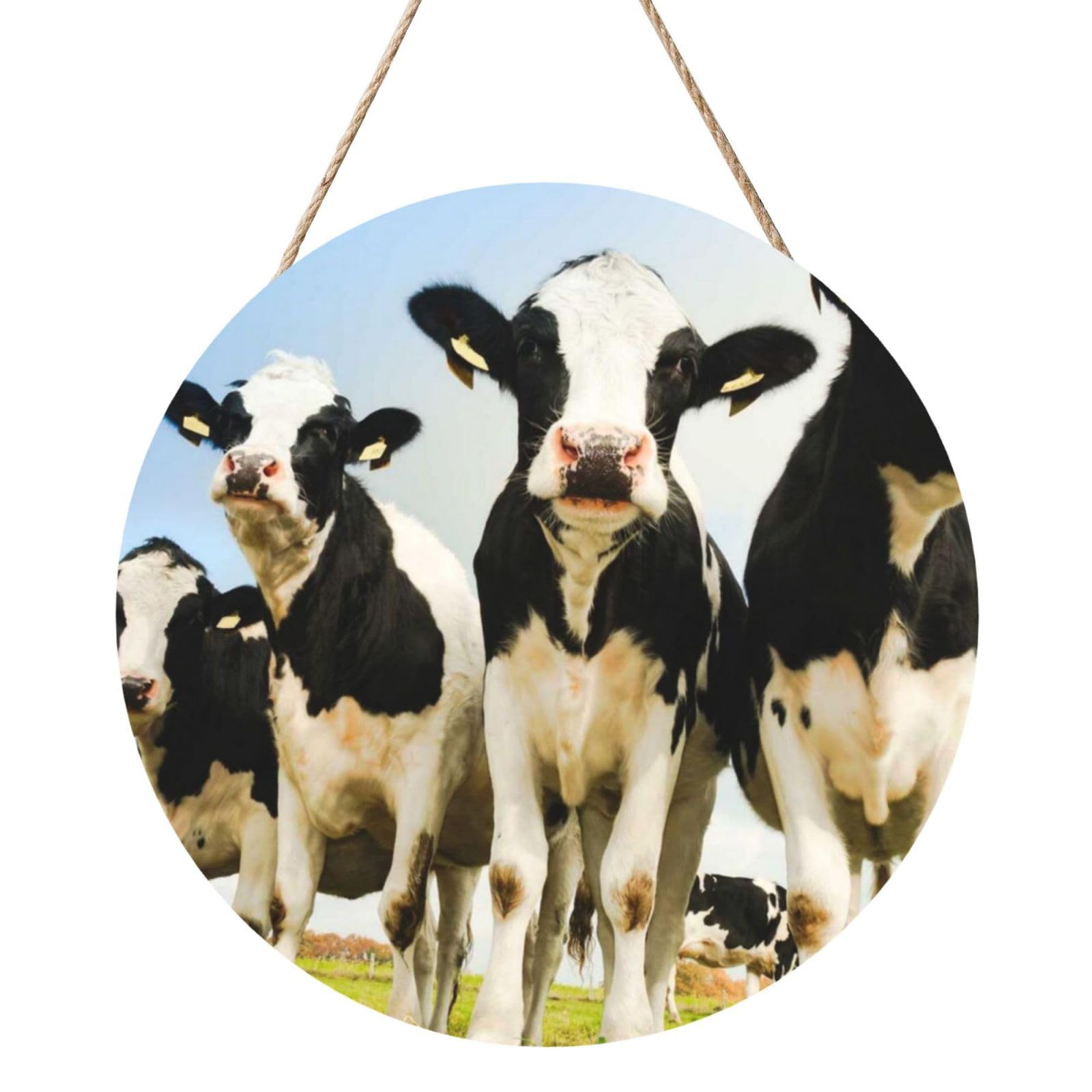 InOmak Cute Cow Printed, Round Wood Panel Painting 12 in, Wall Hanging Painting For Home