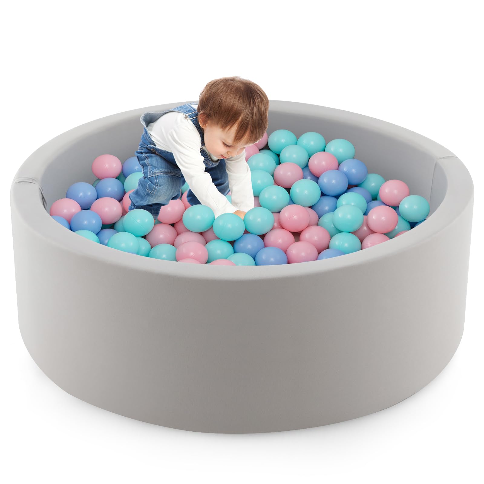 COSTWAY Basen z piłkami z 200 piłkami, basen z piłkami 90 x 30 cm, w zestawie zdejmowana mata podłogowa i poszewka nadająca się do prania w pralce, okrągłe doły z piłkami, grubość 5 cm, szary