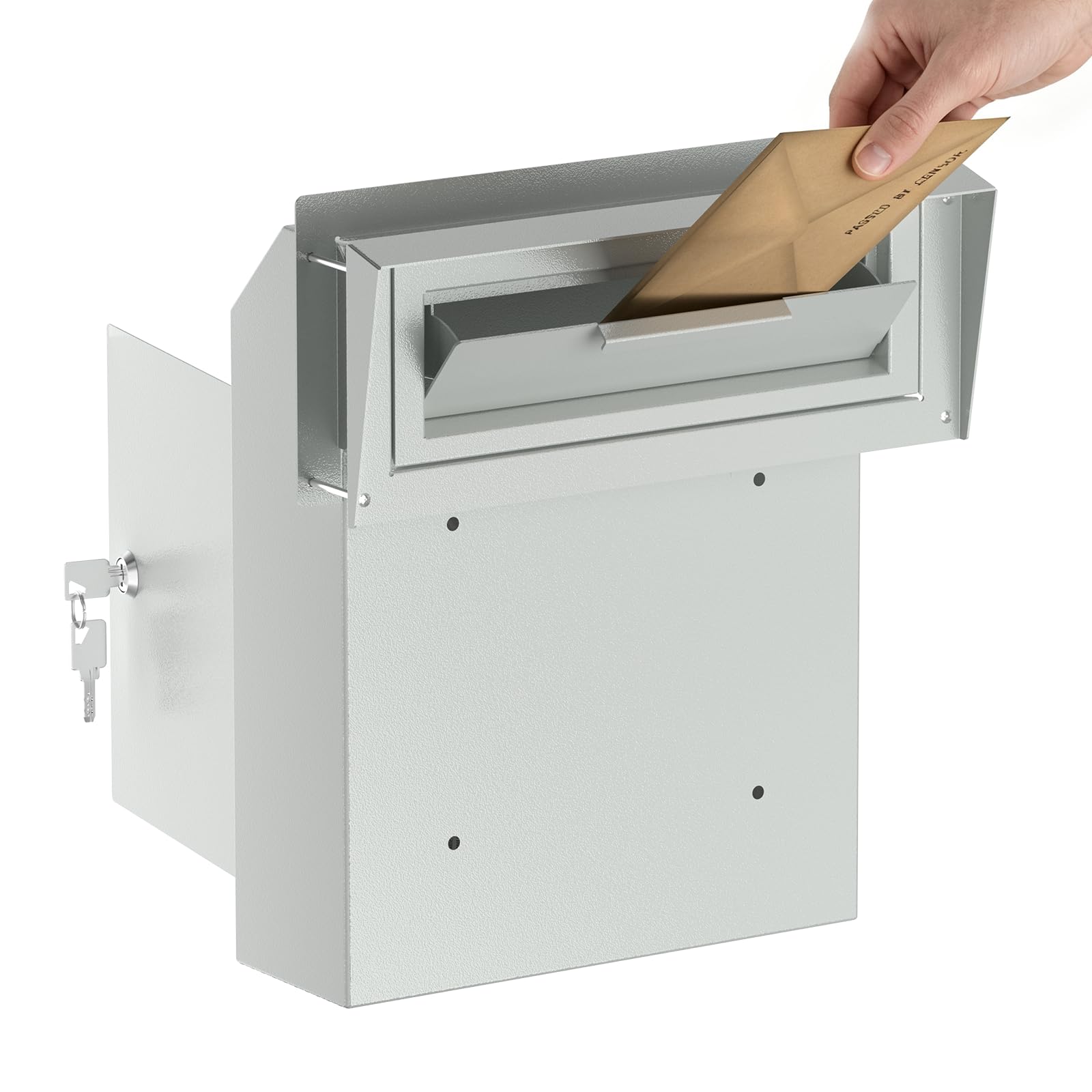 Pochar Door Drop Box for Mail, Rent, Deposit, and Night Key - Mount Locking Mailbox With Rear Access (10.5'' x 2.25'' Mail Slot) (12'' x 4.25'' x 15'' Rainproof, Light Gray)