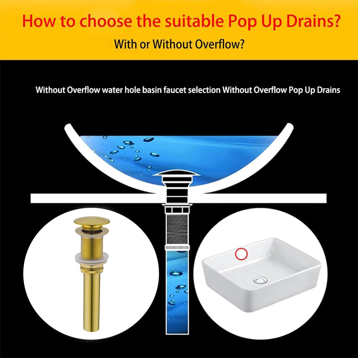 Bathroom Sink Drain Without Overflow Vessel Sink Lavatory Vanity Pop Up Drain Stopper Brushed Dark Gold, All Metal Rustproof Brass and 304 Stainless Steel,83606BDG.