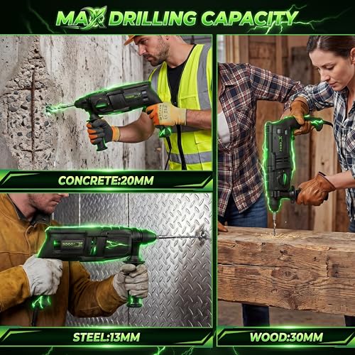 Image of 20MM Rotary Hammer Drill 1200W | SDS Plus Chuck | 4 Modes (Drill, Hammer, Hammer Drill, Chisel) | Heavy Duty Concrete Drill Machine with 360 Handle & Depth Gauge