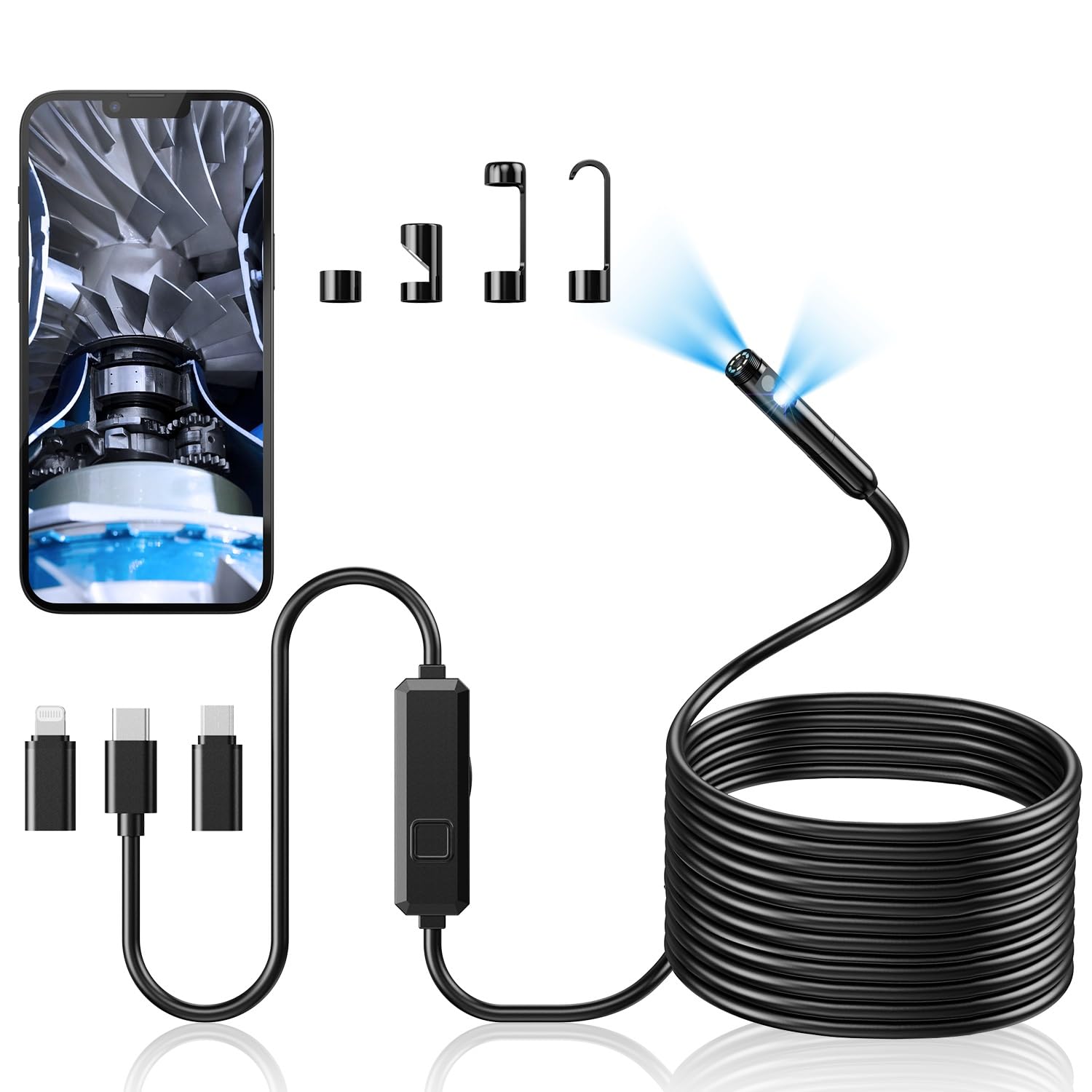 Acoath Endoskopkamera mit Licht, 1920 HD Rohrkamera mit 8 LEDs, IP67 Wasserdichtes Inspektionskamer Handy Gadget, Kanalkamera Werkzeuge für Android & iOS - 2 Lenses