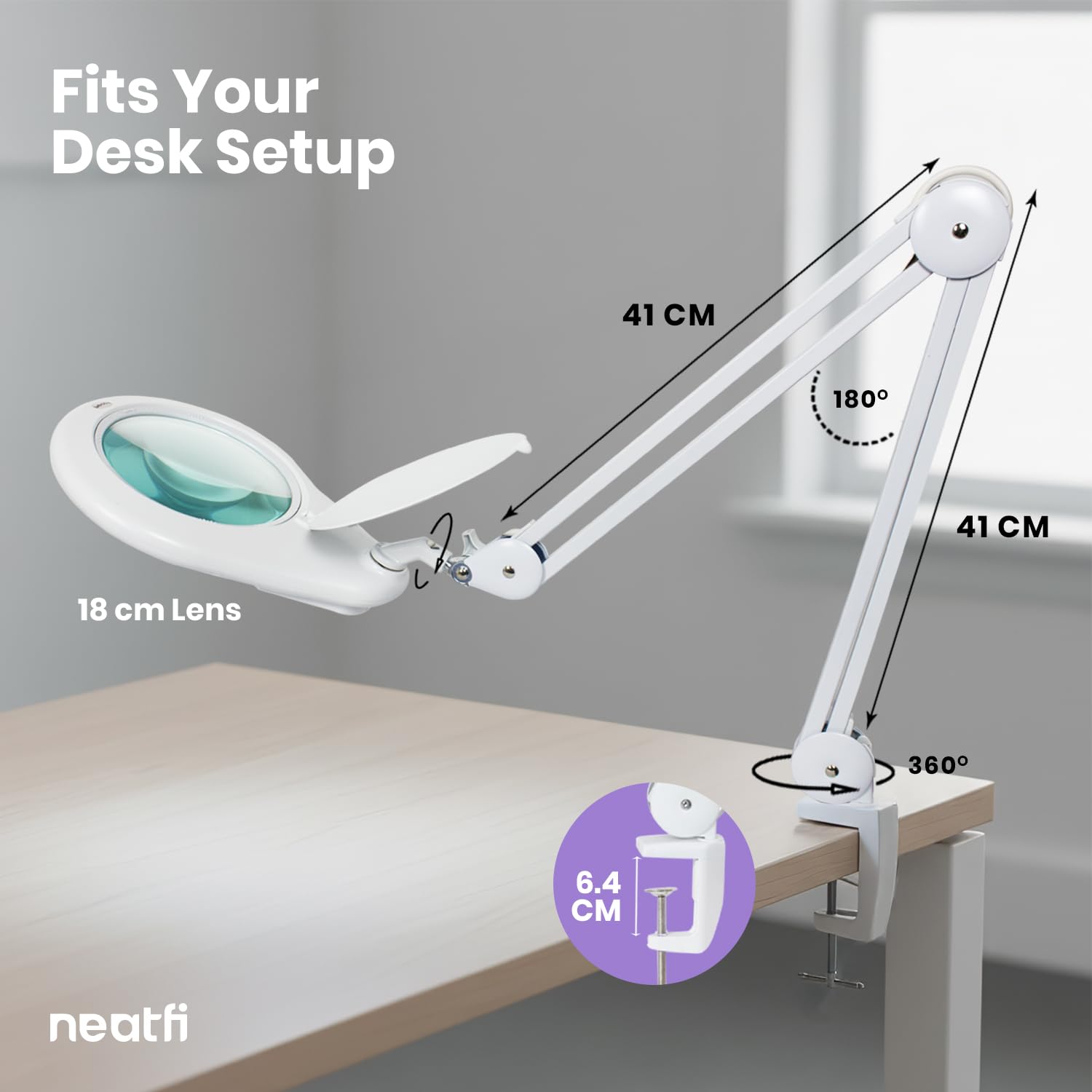 Neatfi Elite XL HD Super Lampe loupe LED avec Pince – grossissement 2,25x (5 dioptries), lumière du Jour 6500 K | sans éblouissement | Couture et Loisirs créatifs (Blanc, Lentille de 18 cm)