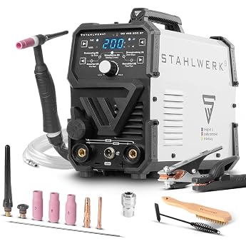 STAHLWERK Inert Gas Welder 2-in-1 Combi DC TIG 200 ST - TIG & MMA Function E-Hand/ARC up to 200A RF Ignition Hotstart Anti-Stick Suitable for Steel Stainless Steel Copper and Brass No Aluminium