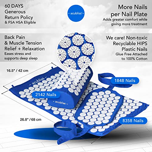 Acubliss The Comfortable Acupressure Mat Pillow Strap 3Pcs Massage Set - Neck & Back Pain Relief, Acupuncture Mat & Pillow Set For Increased Energy & Relaxation, Carry Bag, Fsa/Hsa Eligible, Deep Blue #TOP2