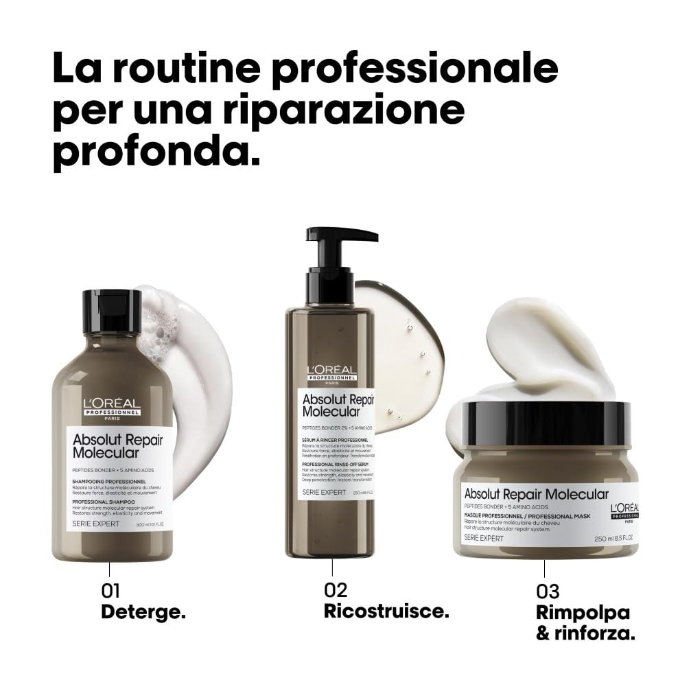 L'Oréal Professionnel, Maschera Professionale Ristrutturante per Tutti i Tipi di Capelli Danneggiati, Aiuta a Riparare i Danni e Ripristina la Forza dei Capelli, Absolut Repair Molecular