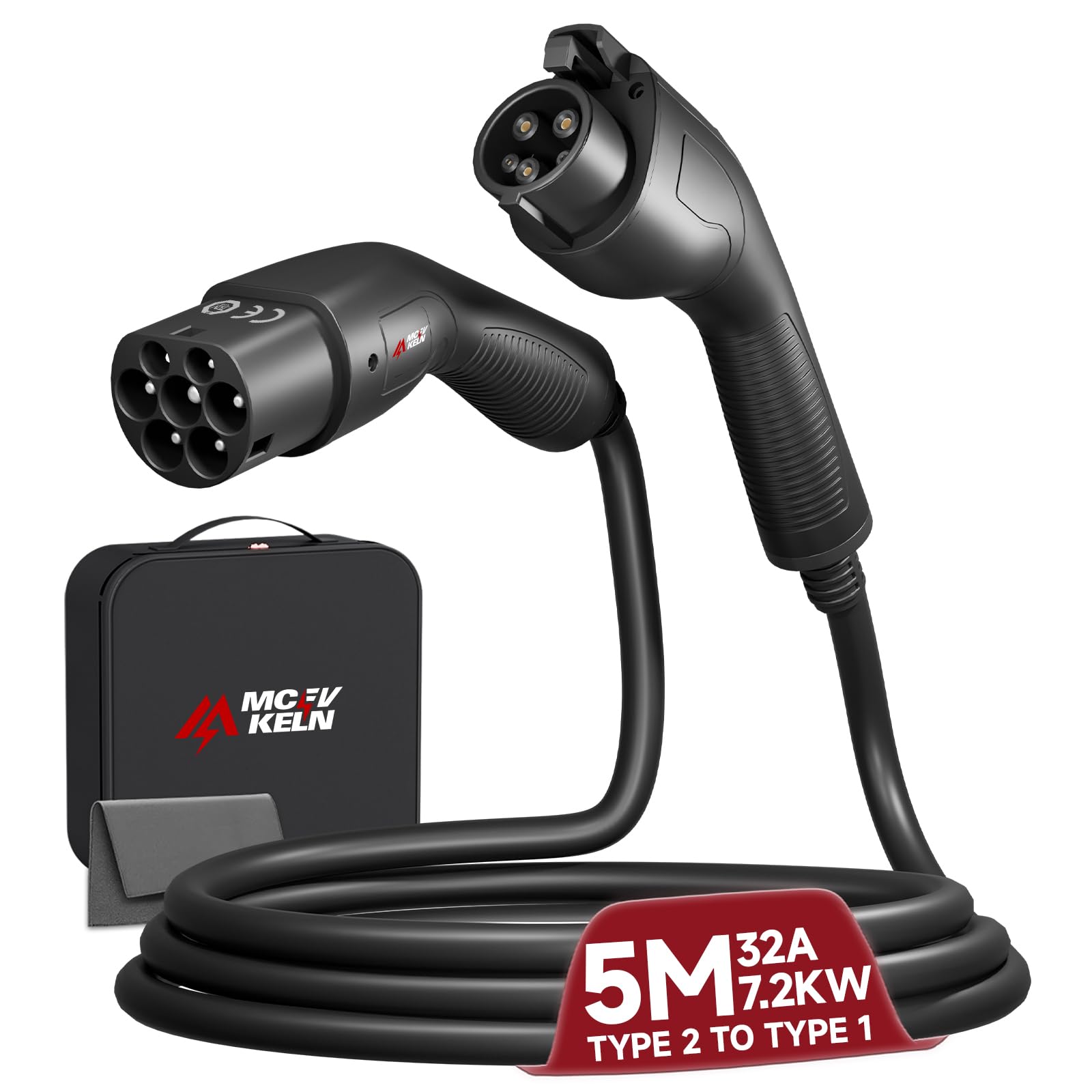 Cavo di Ricarica EV Tipo 2 a Tipo 1 – 5 m, 7,2 kW / 32 A, Maschio Tipo 2 (IEC 62196) a Presa Tipo 1 (SAE J1772), Adattatore di Ricarica per Veicoli Elettrici J1772, per IONIQ 5/Bolt EV/EV6