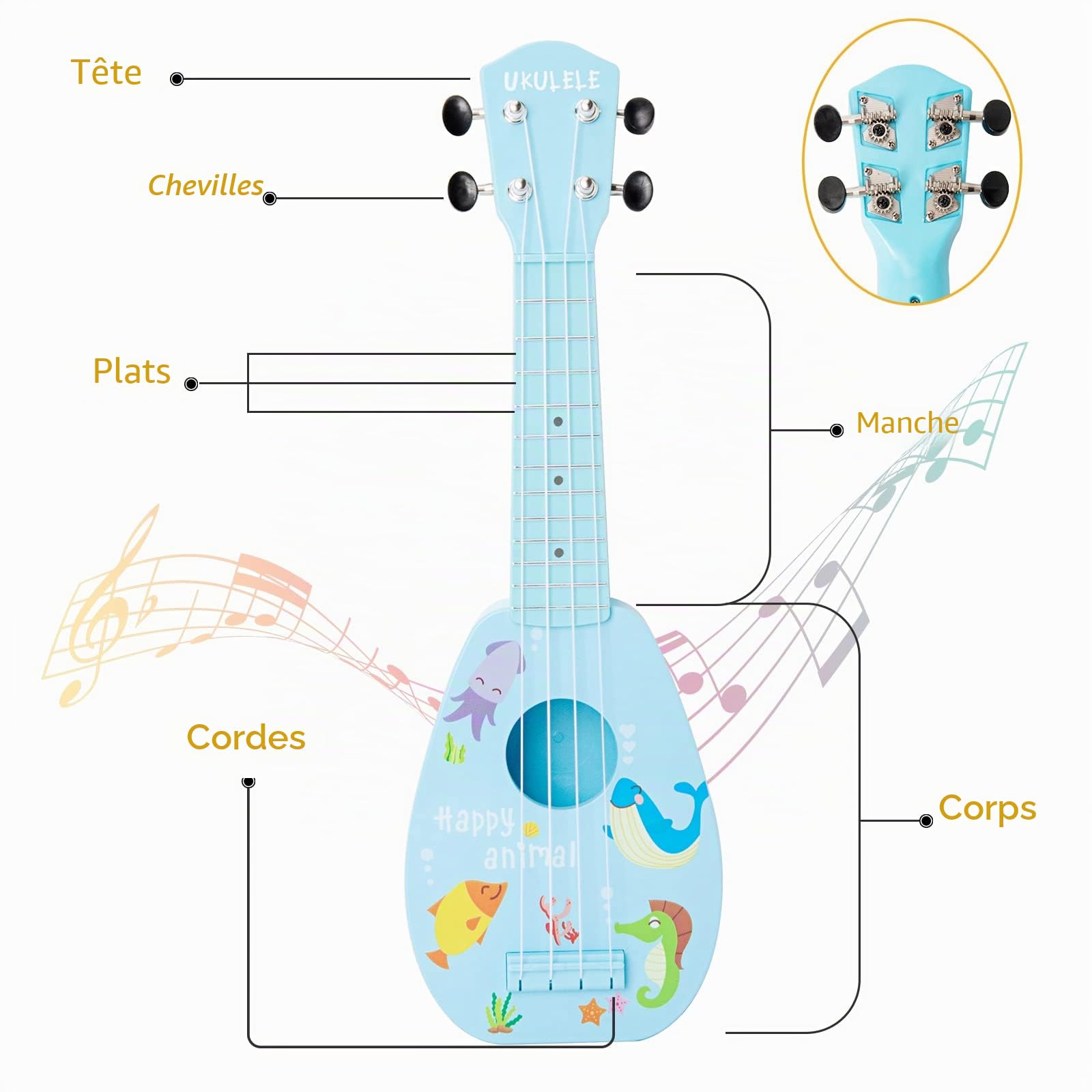 Ukelele pour Enfants, Guitare pour Enfants, Mini ukulélé Acoustique de 43 cm, kit pour débutants avec médiator et Sangle– Idéal pour Les Tout-Petits et Les débutants, Cadeaux de noël/Nouvel an (Bleu)