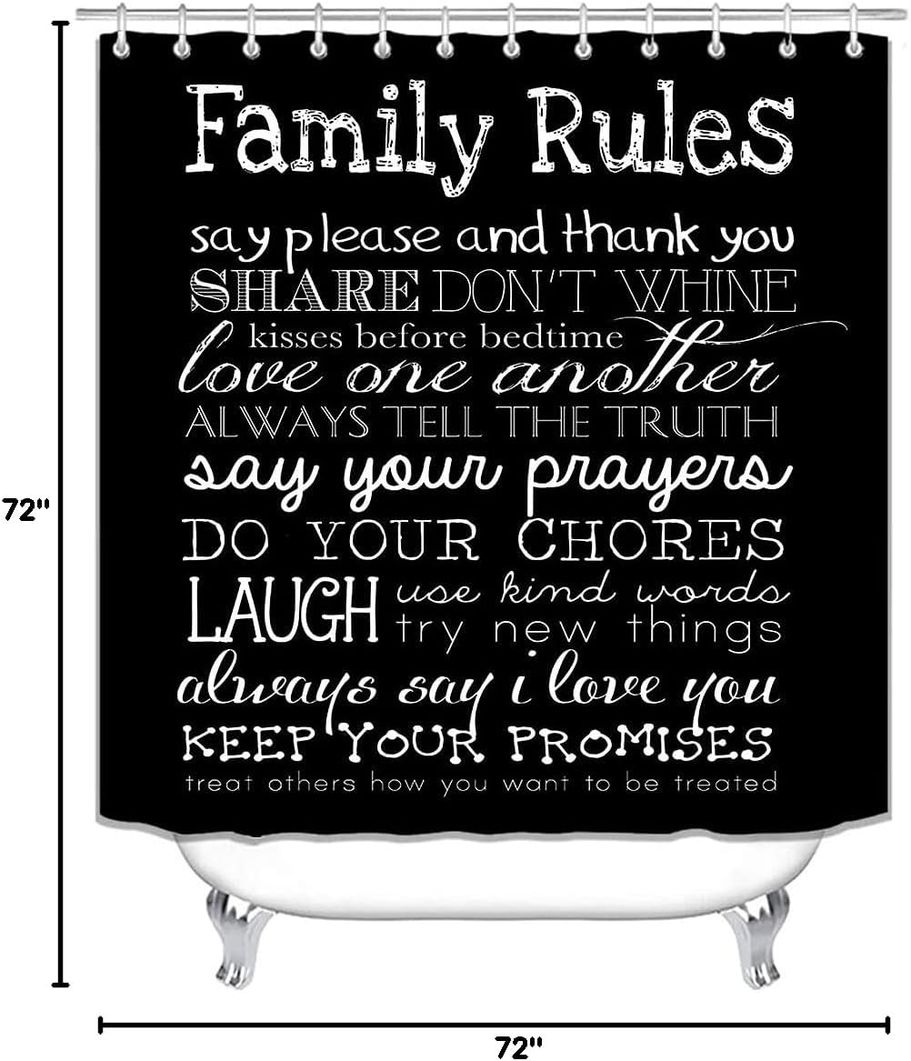 4PCS/Set Family Rules Black Shower Curtain, White Letters Inspirational Quotes Teaching Educational Bathroom Decor for Kids, Waterproof Fabric Bath Curtain, Non-slip Bath Rug Mat, Family Rules