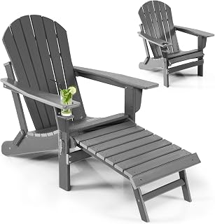 ORALNER Folding Adirondack Chairs with Retractable Ottoman & Cup Holder, HDPE Plastic Resin Outdoor Lounger for Patio, Deck, Backyard, Porch, Balcony, Poolside, Garden, Lawn