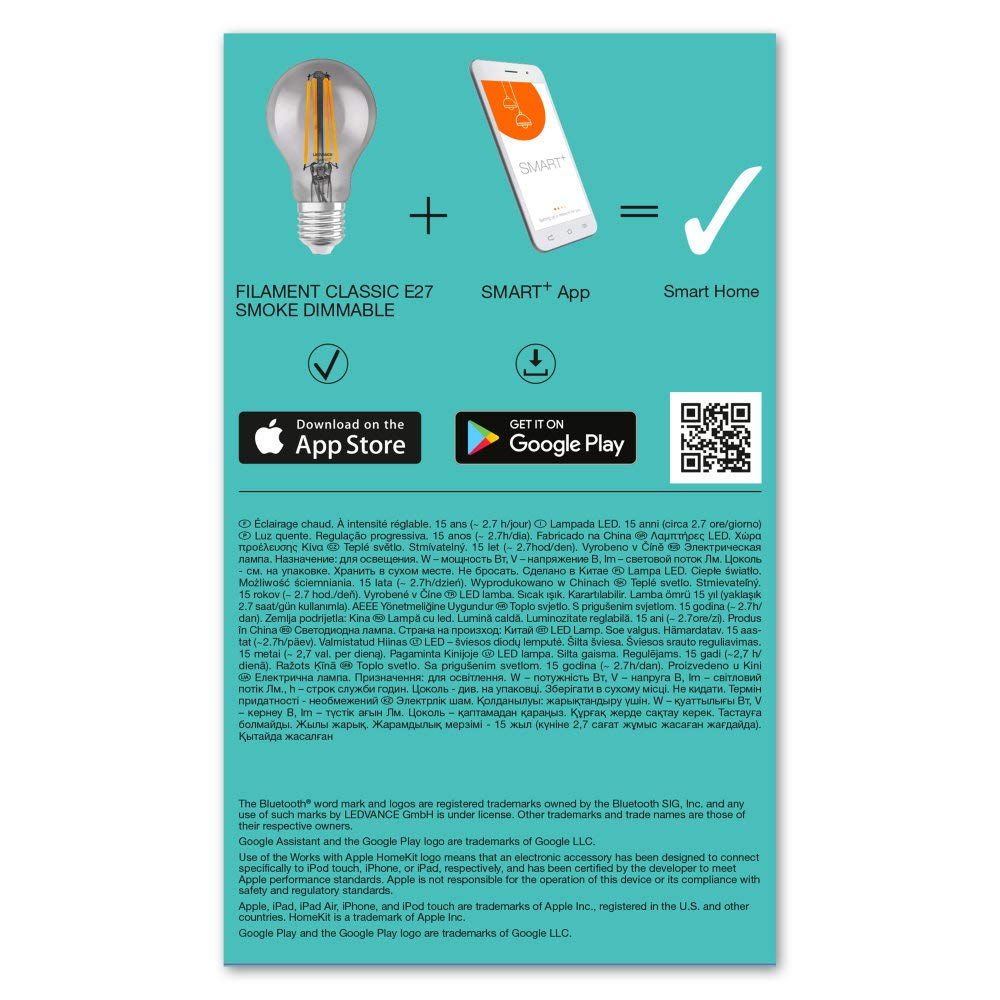 LEDVANCE Smarte LED-Lampe mit Bluetooth Mesh Technologie, Sockel E27, Dimmbar, Warmweiß (2700K), ersetzt Glühlampen mit 44W, steuerbar mit Alexa, Google und Apple, BT Filament Classic DIM, 4er-Pack