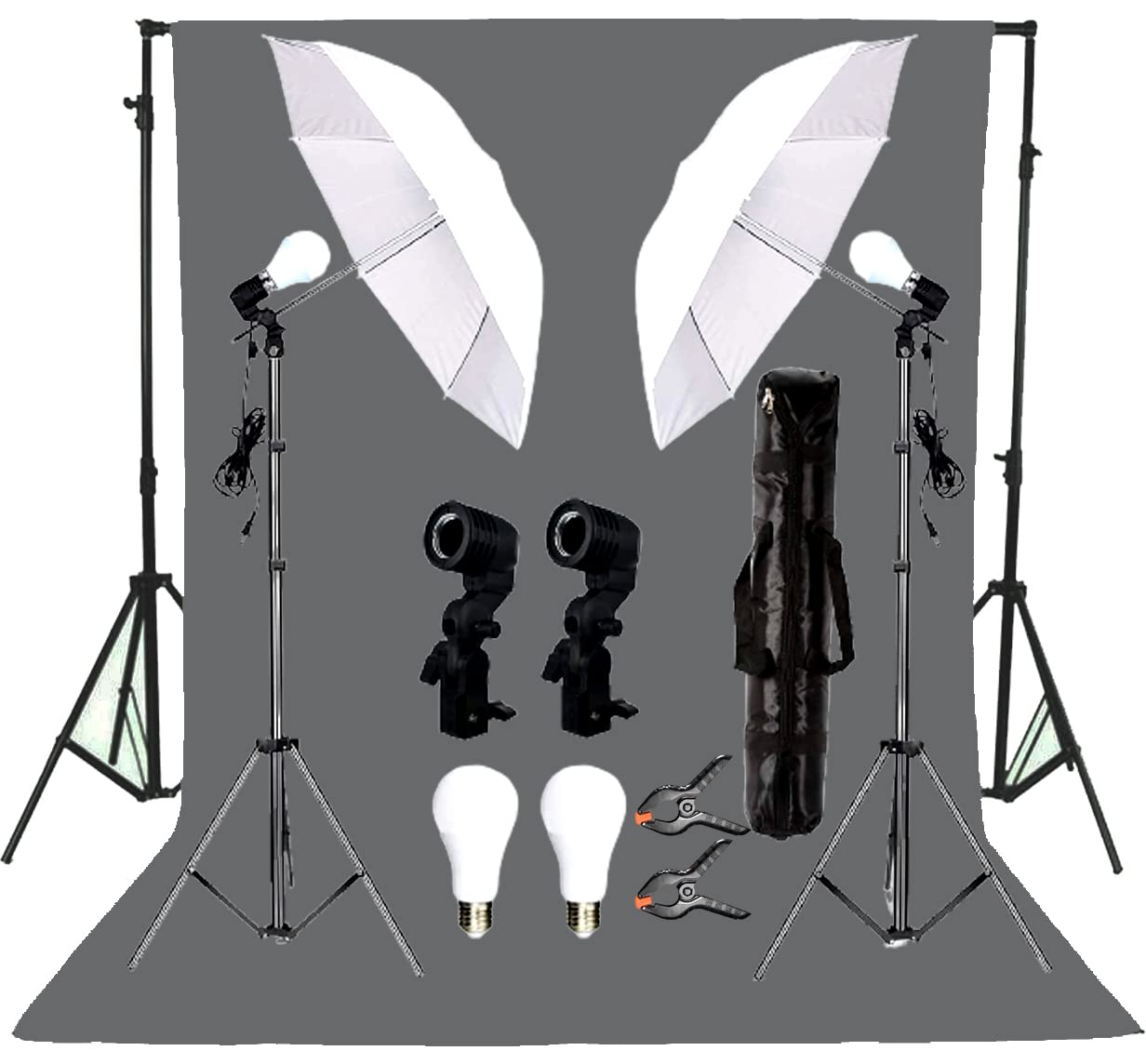 Giftmax Single Holder Umbrella Lighting Kit with Umbrella Studio Light with Backdrop Cloth Screen Photo Background Backdrop Stand Support System (Single Holder Kit + Grey Screen)