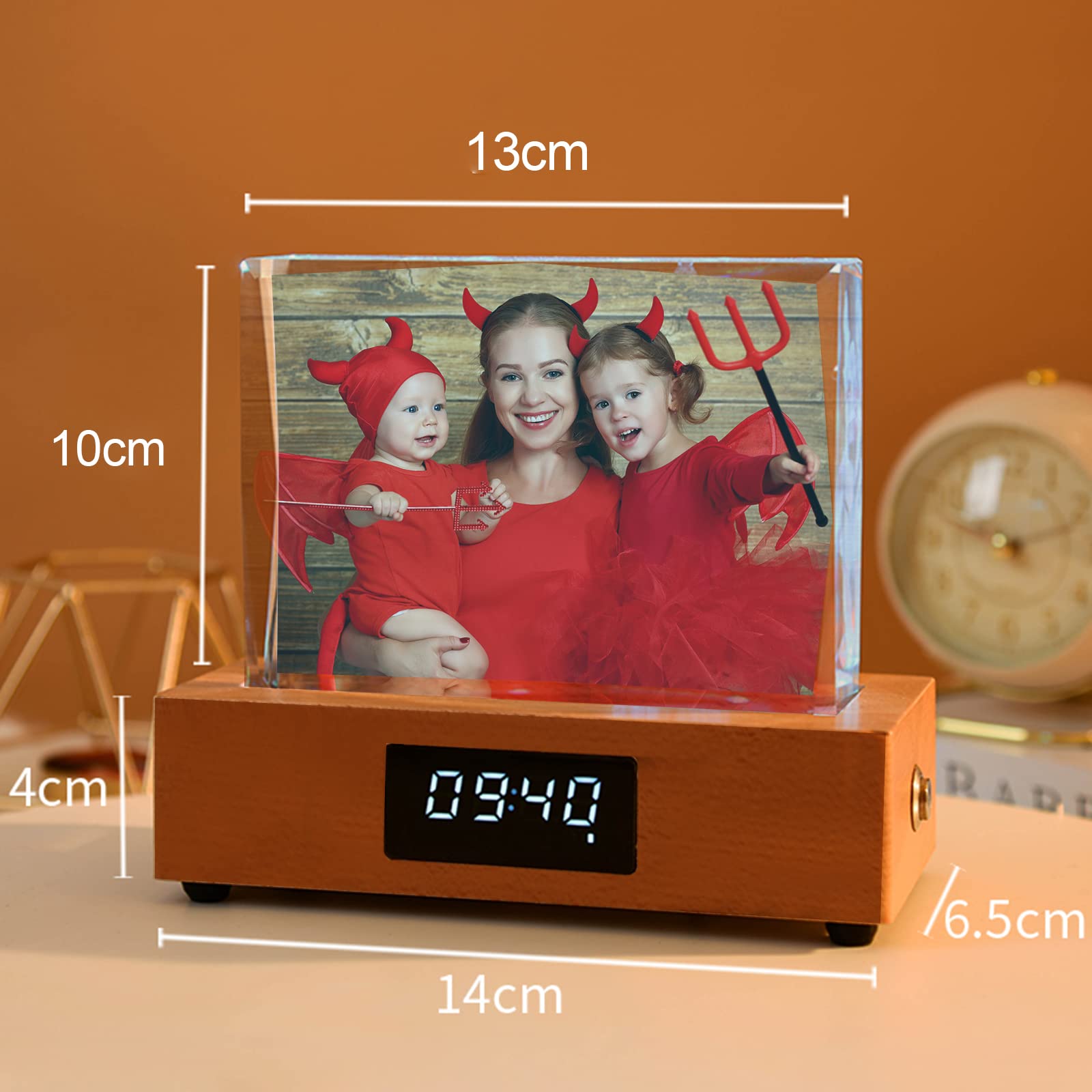 Horloge en Cristal avec Photo et Lumière de Nuit, Petite Horizontale