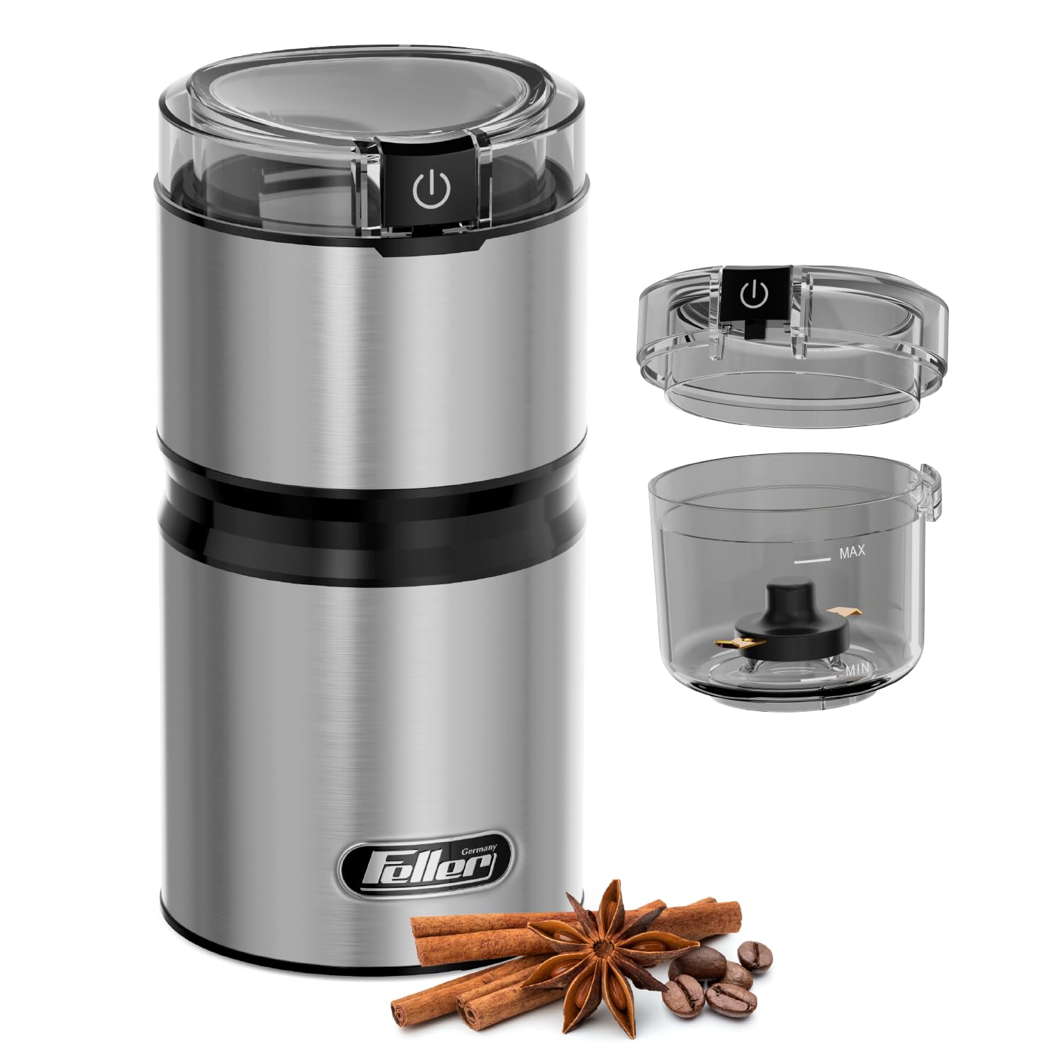 Feller Germany, Electric Coffee Grinder/Spice Grinder, 150W Power, Premium Titanium-Coated Blade, Safety Switch, Detachable Cup, BPA-Free, EG151, 2Y Guarantee-UAE Version (Stainless Steel)