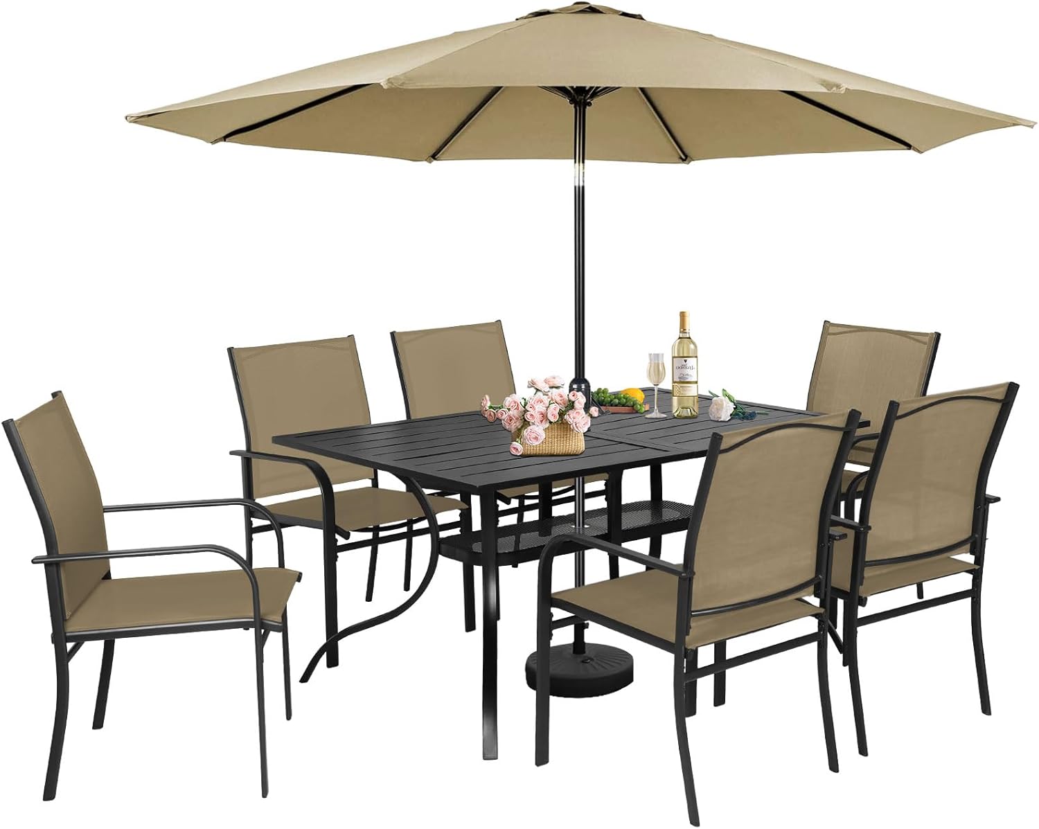 Incbruce 8 Pieces Patio Dining Set with Brown Umbrella, Outdoor Dining Set of 6 Textilene Chairs and Rectangle Table with Umbrella Hole for Backyard, Garden, and Poolside (Brown)
