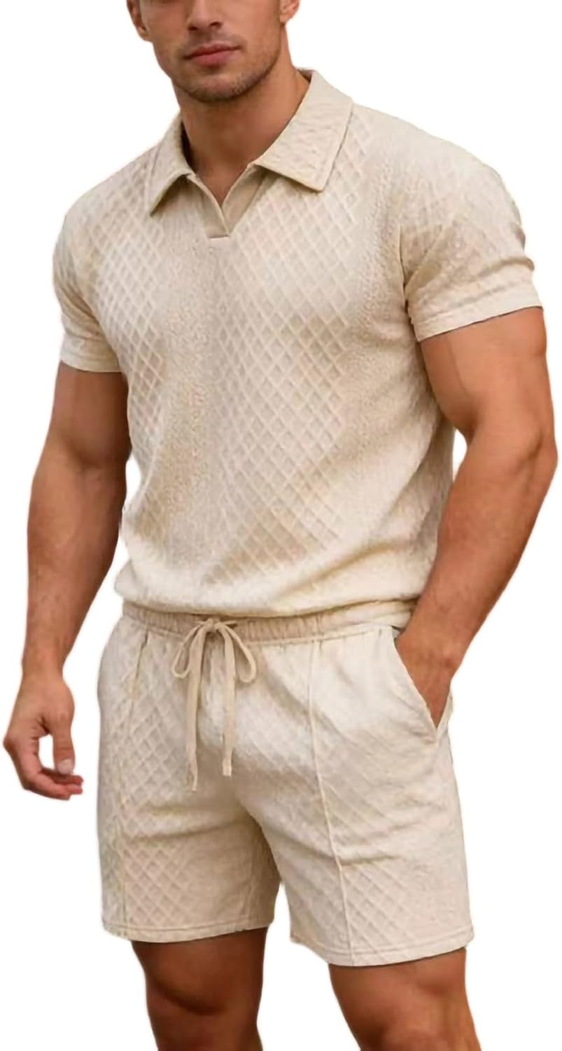 Cambkatl Men's Jacquard 2 Piece Outfits Short Sleeve Collared Shirts with Shorts Business Casual Travel Sets with Pockets