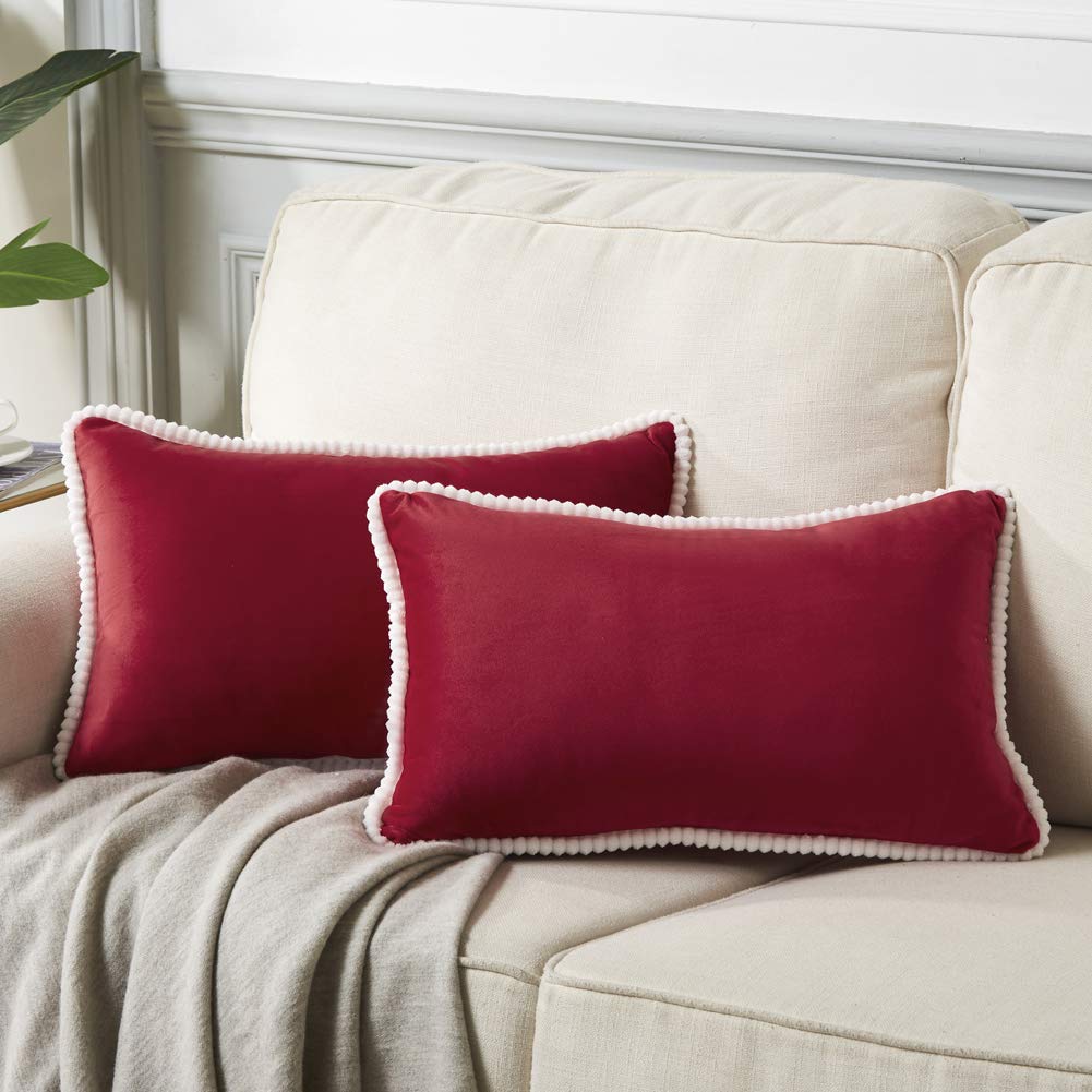 Fancy HomiPack of 2 Red Rectangle Decorative Throw Pillow Covers with Corduroy Edges, Soft Velvet Solid Cushion Cases Set for Couch Sofa Bedroom Car Living Room (12x20 Inch/30x50 cm, Red)