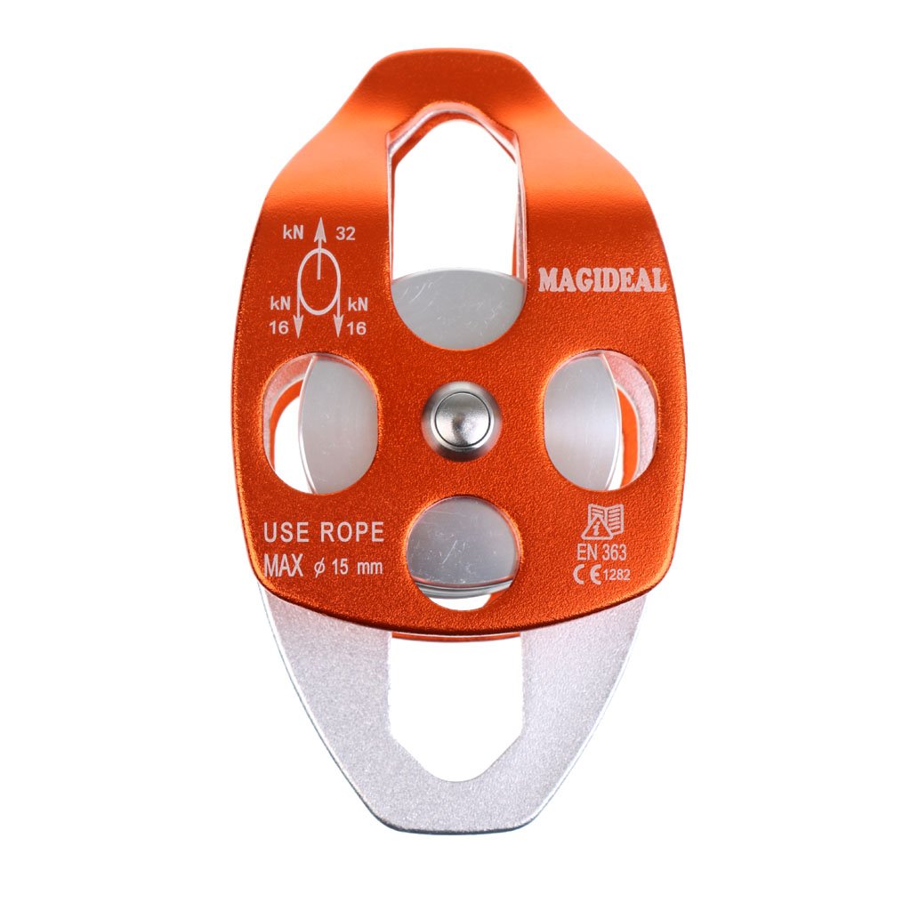 Rodamientos de bolas de aluminio de doble polea 32KN para montañismo, escalada, color naranja