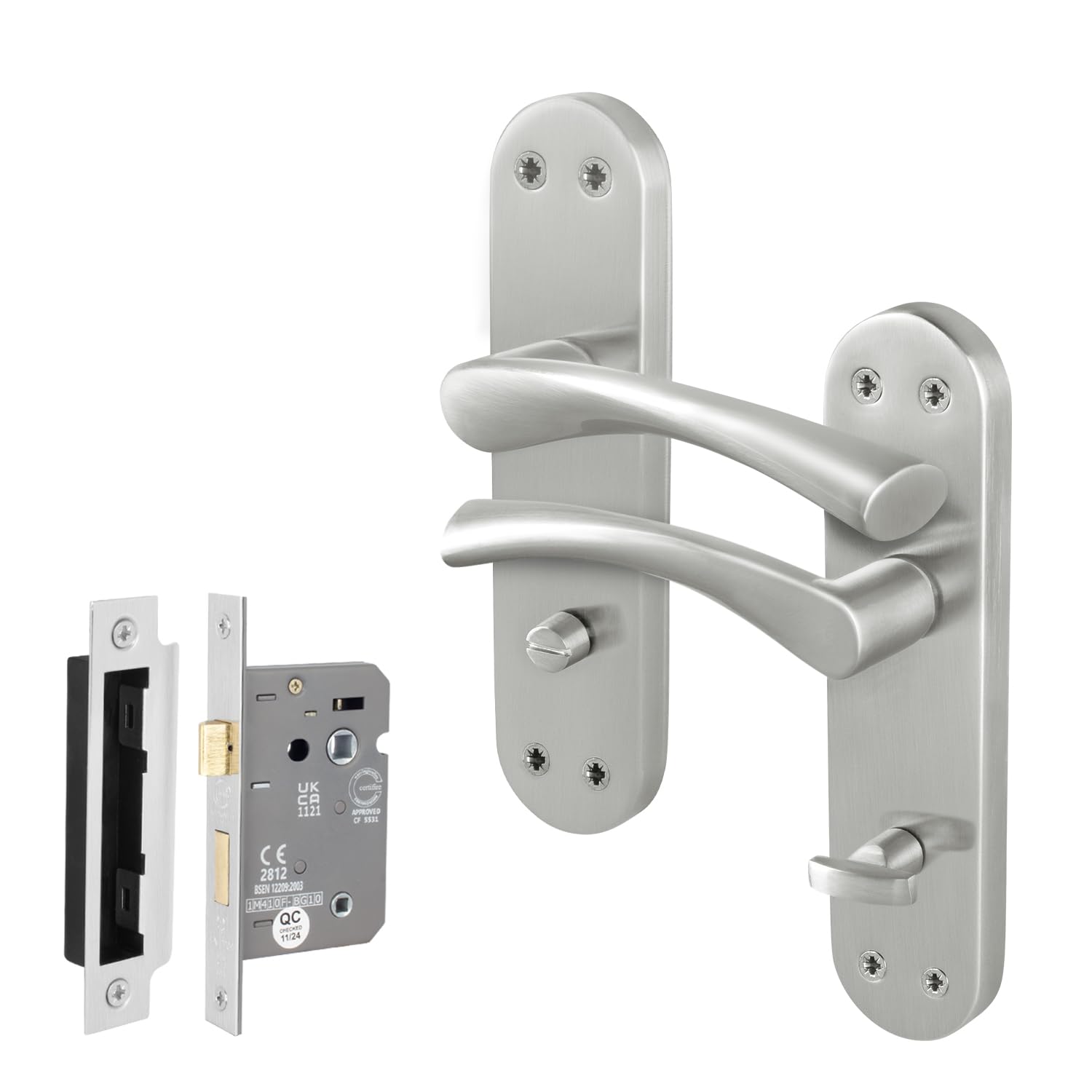EAI Satin Bathroom Door Handle Set, 1 Pair of Satin Nickel Internal T-Bar Handles on Backplate, Lock 64mm - Novoli