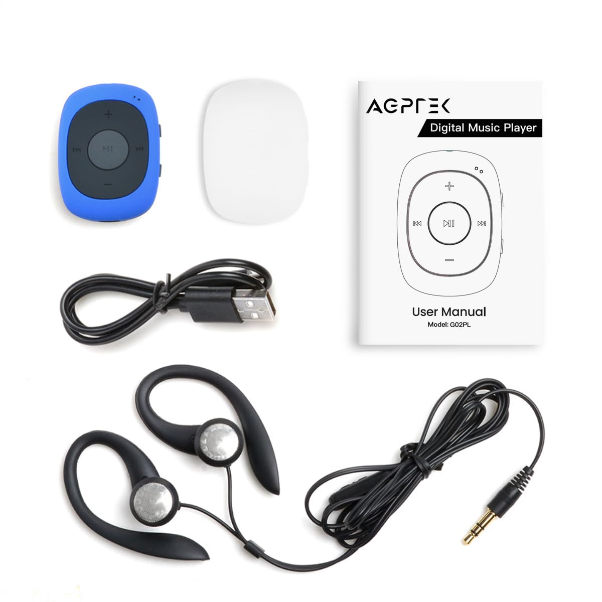 AGPTEK Mini Clip 64GB MP3 Player mit Bügel-Kopfhörer und Silikon Hülle, Leichter Sport Musik Player mit 5 Tasten und 2 Funktionsumschaltung Knöpfe, Blau