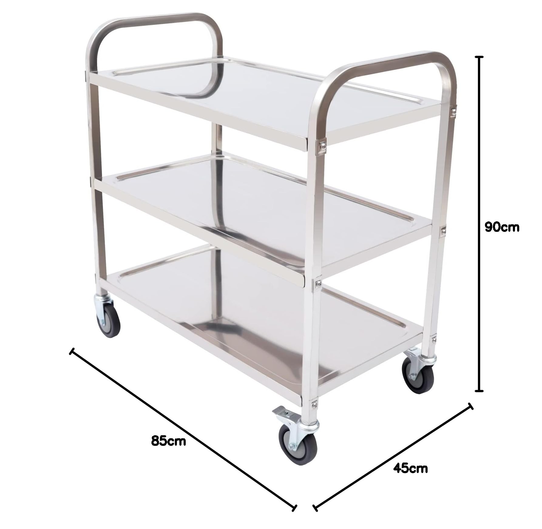 Chariot de service avec roulettes 3 étages en acier inoxydable 4 roues 85 x 45 x 90 cm