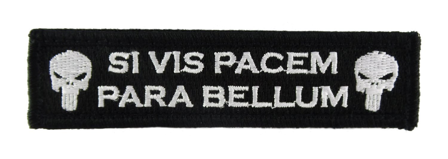 SI VIS Pacem para Bellum Tactical Hook and Loop Fully Embroidered Morale Tags Patch 1x4 (Black and White) (Black and White)