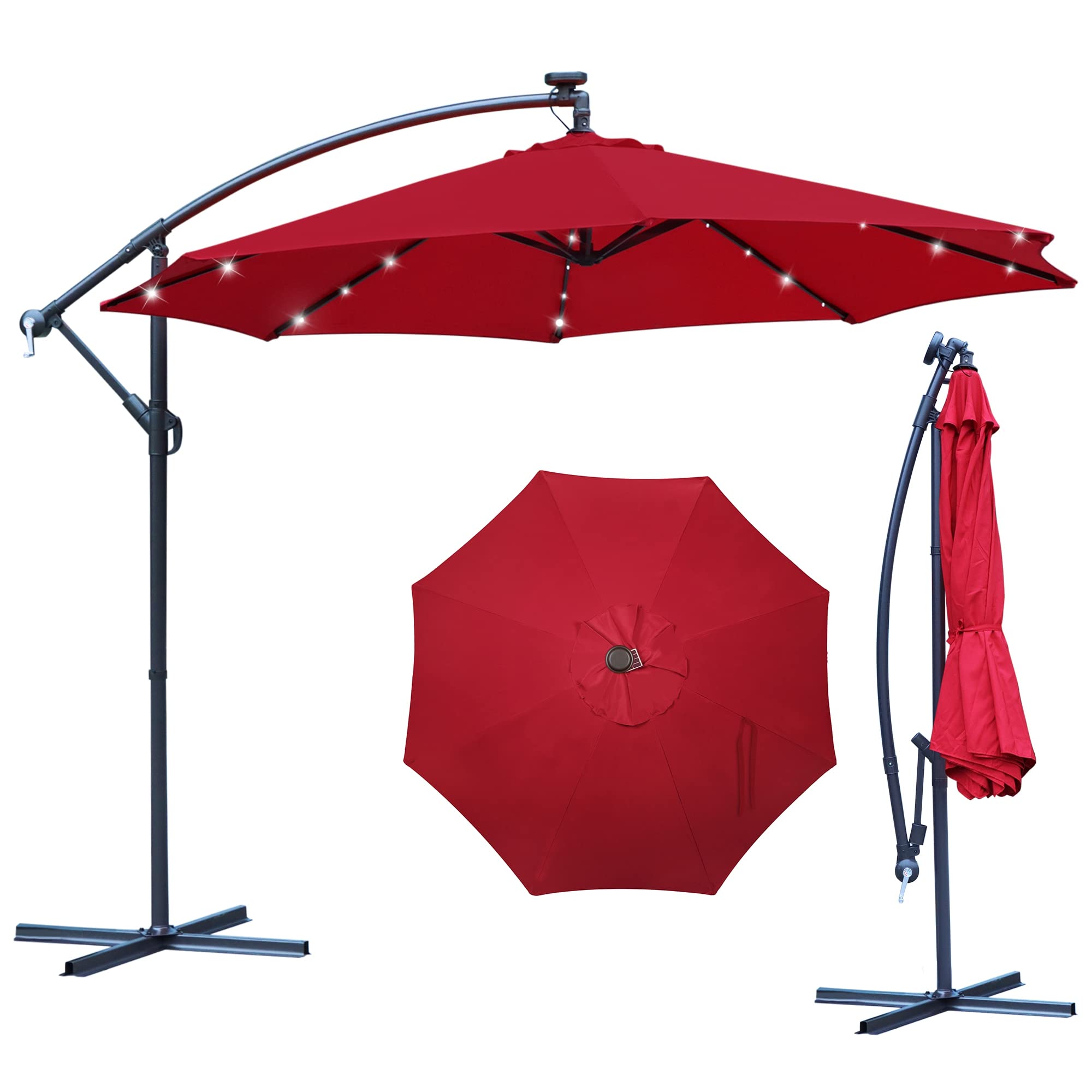 Ombrellone da giardino da 2,3 m con LED solare, ombrellone inclinabile con 6 stecche, manovella, per patio, spiaggia, balcone, base non inclusa | Leroy Merlin