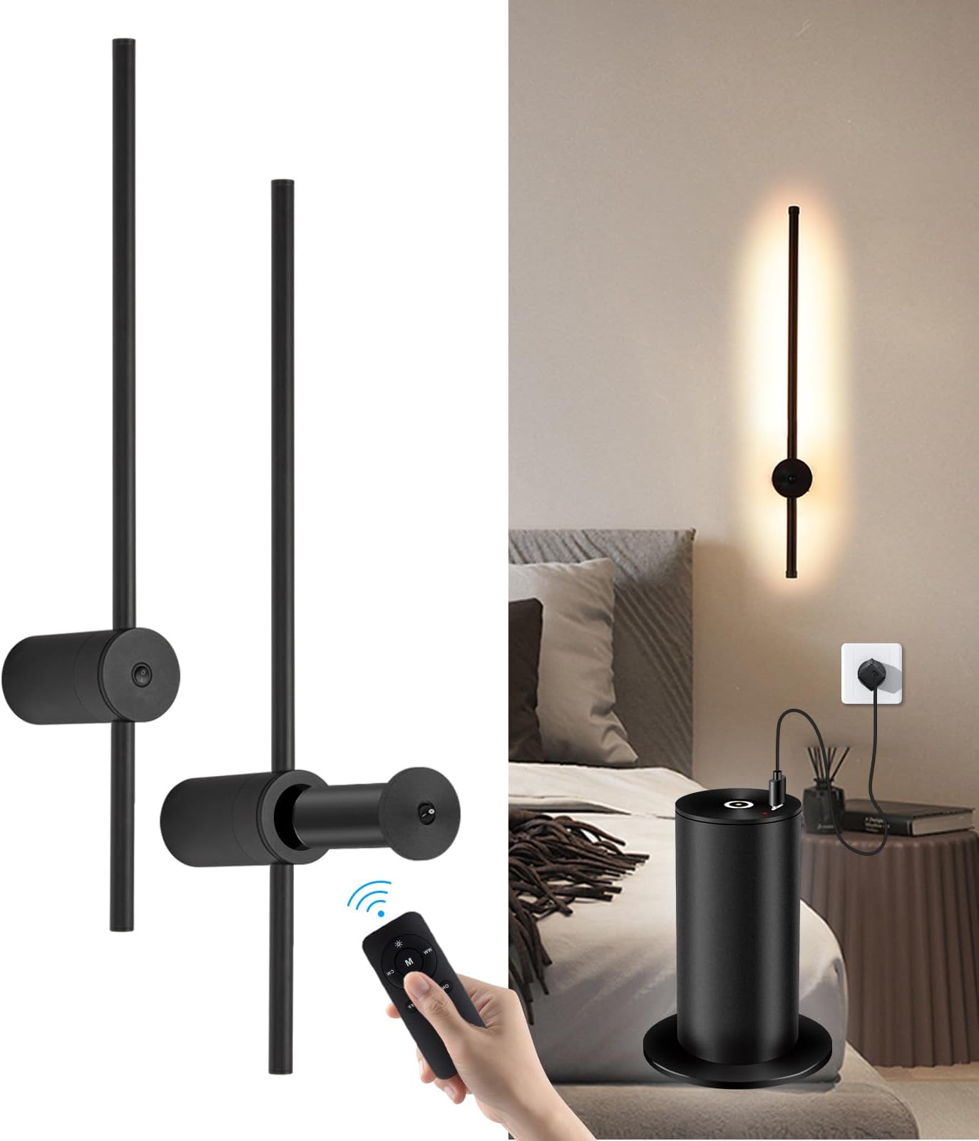 Battery Operated Wall Sconce Set of Two, USB Rechargeable LED Wall Lights with Remote Control, Dimmable Cordless Wall Lamp Indoor, 360° Rotation Reading Lamp for Living Room, Bedroom, Black, 24inch