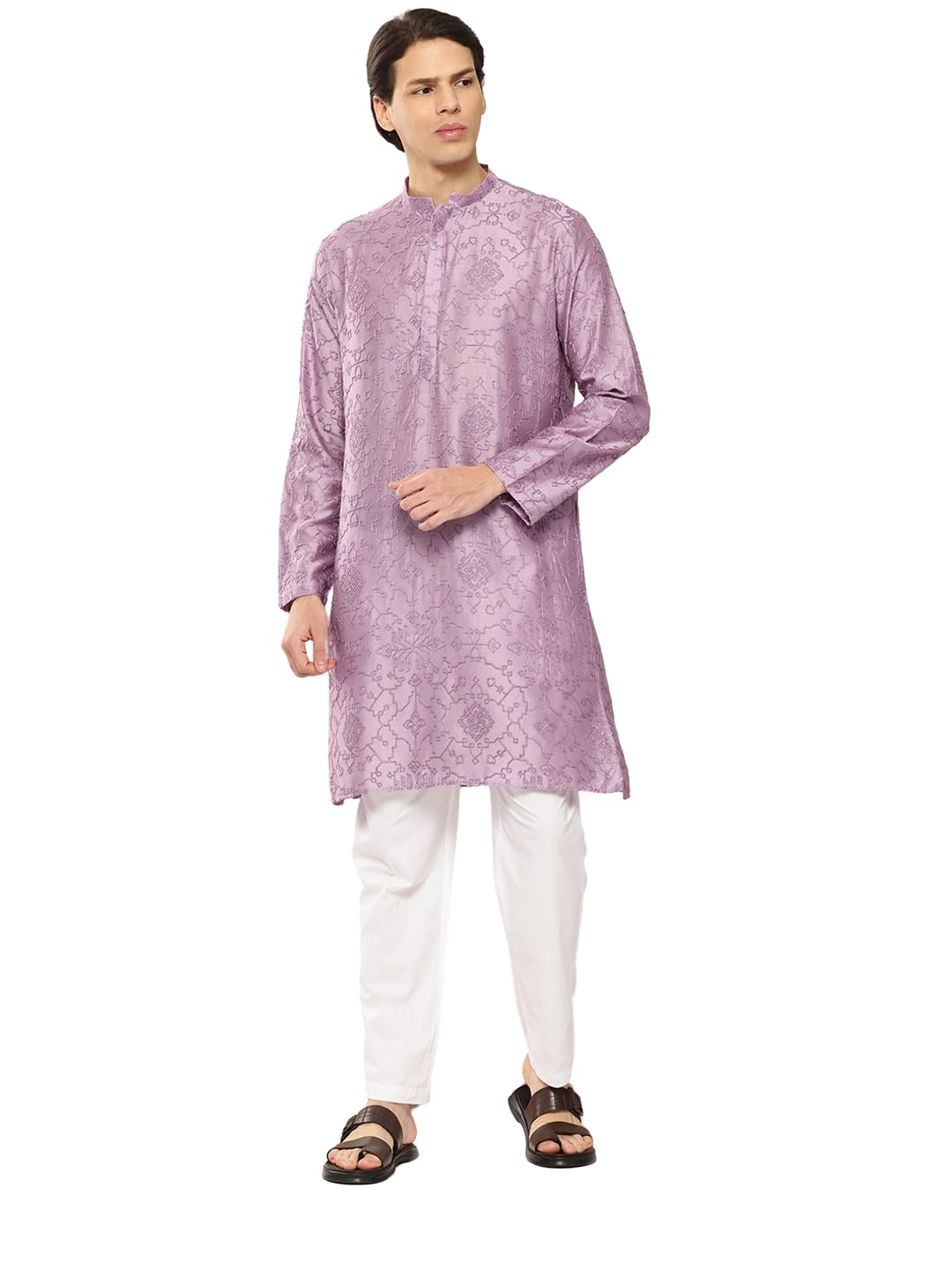 see designs Men's Long Sleeve Mandarin Collar Lime Embroidered Sequined Rayon Kurta With Pyjama-picture-27