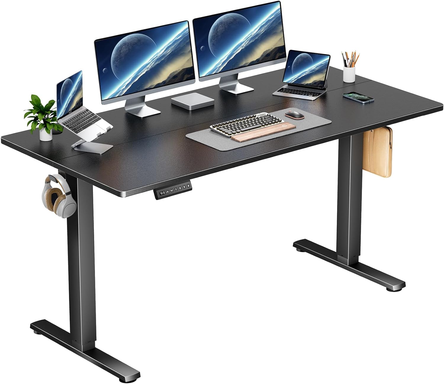 NEWBULIG Electric Height Adjustable Sit Stand Home Office Computer Desks with Drawer, 32 Inch, Black Top and Frame