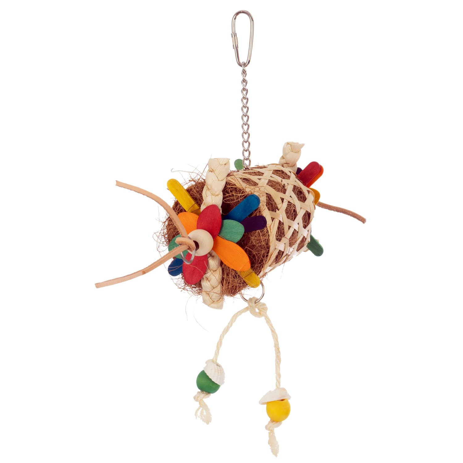 Super Bird Creations SB1226 Sidewinder Bird Toy - Crunchy Bamboo Basket with Coconut Fiber Nest & Colorful Popsicle Sticks - Nesting Sidewinder for Preening - Ideal for Medium Bird Size Parrots