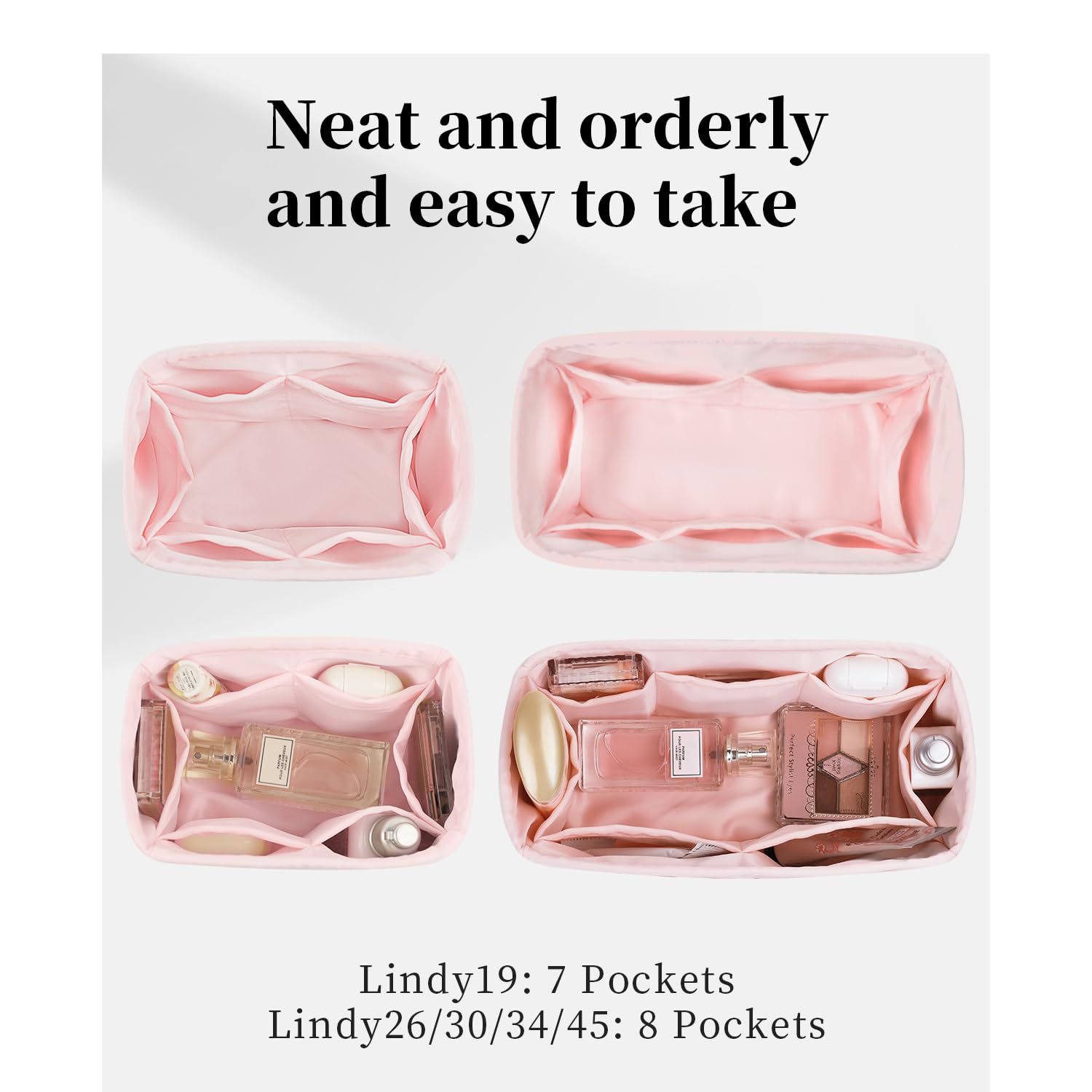 Organizer-Einsatz für Hermes-Taschen, luxuriöse Taschen, Aufbewahrung mit Seide, leichte Innentasche, kompatibel mit Lindy 26 Taschen, mehrere Taschen, großes Fassungsvermögen (Rosa,