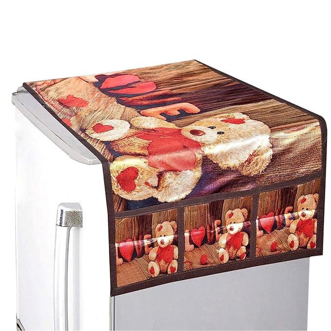 Image of REVEXO Refrigerator Single Door, Dustproof, Protective Cover for Fridges with Extra Storage Space Knit Top Cover with 6 Storage Pockets (130 x 54 cm) (Multicolour) REV-96