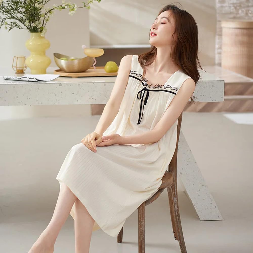 Camisón para Mujer - Verano Cuello Cuadrado Chaleco Vestido De Noche Mujer Camisón Camisón Sin Mangas Camisón Encaje Algodón Ropa De Dormir