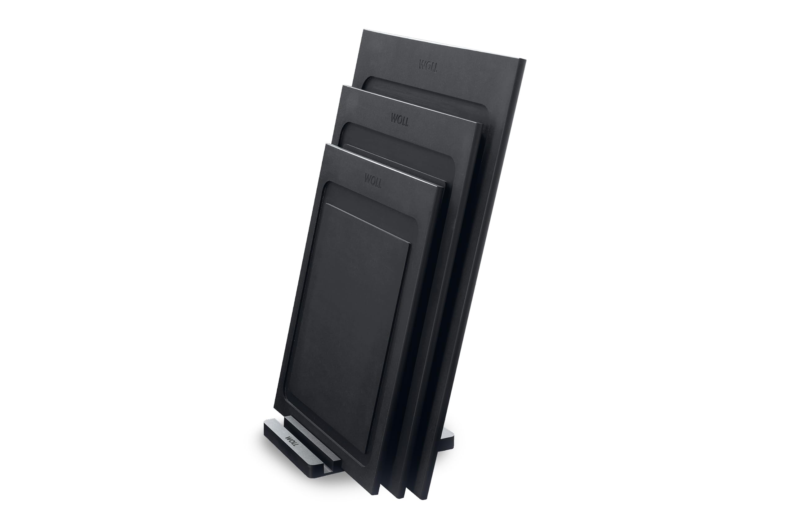 WOLL – Set de 4 planches à découper Cut & Serve avec support – composite papier certifié FSC – sans BPA ni COV – résistant à la chaleur & compatible lave-vaisselle, noir mat