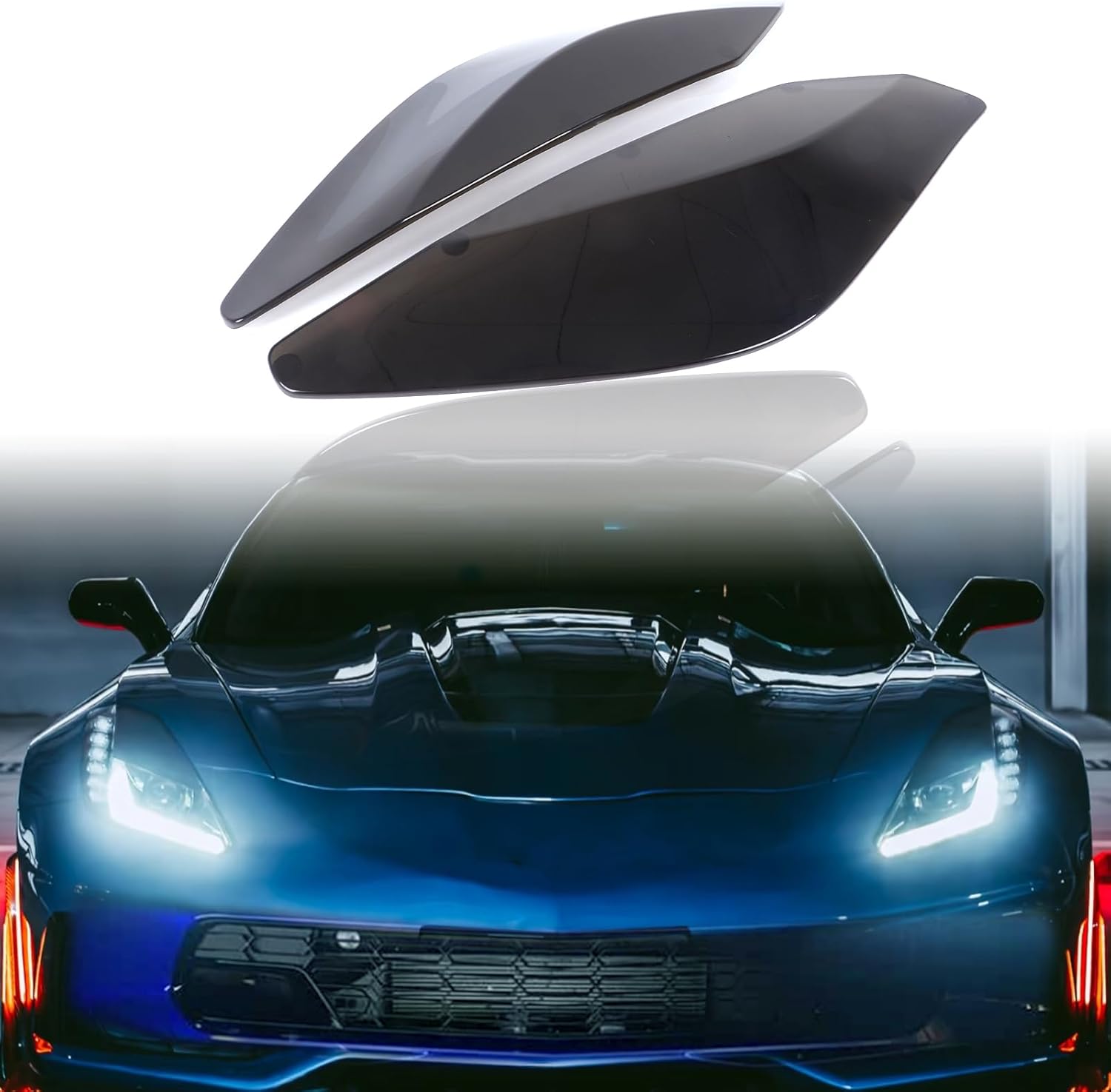Front Headlight Lenses Cover Compatible with Corvette C7 2014-2019 Pair Left & Right Smoked Front Head Lights Lamp Cover Guard C7 Corvette Accessories Protection Decoration Kit (Smoked Balck)