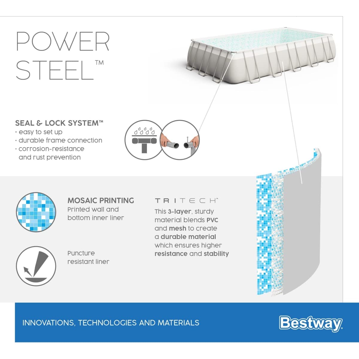 Bestway Power Steel Frame Pool Komplett-Set, eckig, mit Sandfilteranlage, Sicherheitsleiter & Abdeckplane 956 x 488 x 132 cm, 56623, Grau