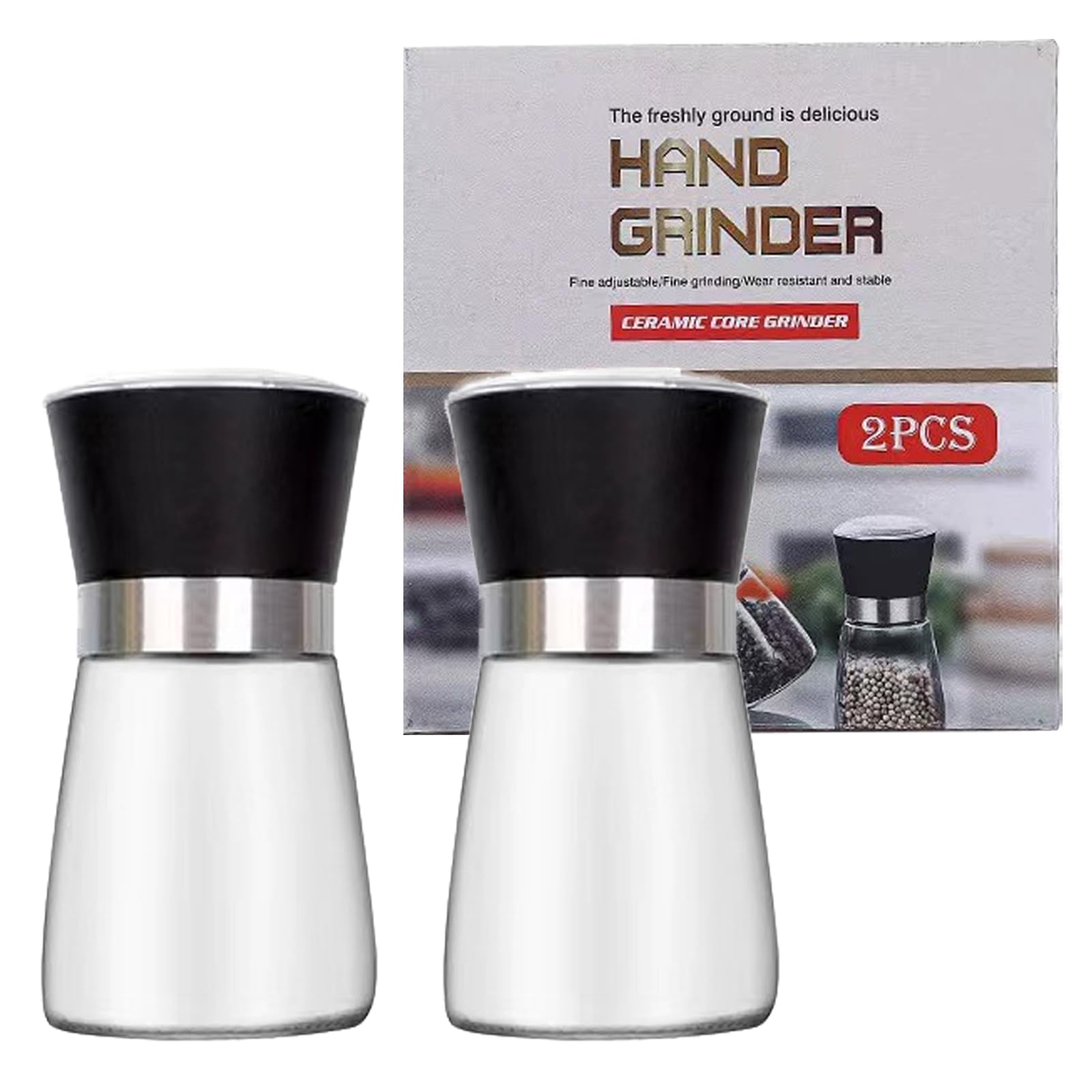 Juego de 2 molinillos de sal y pimienta de acero inoxidable y cristal con muela de cerámica ajustable – Ajustable manualmente para especias recién molidas, accesorios de cocina