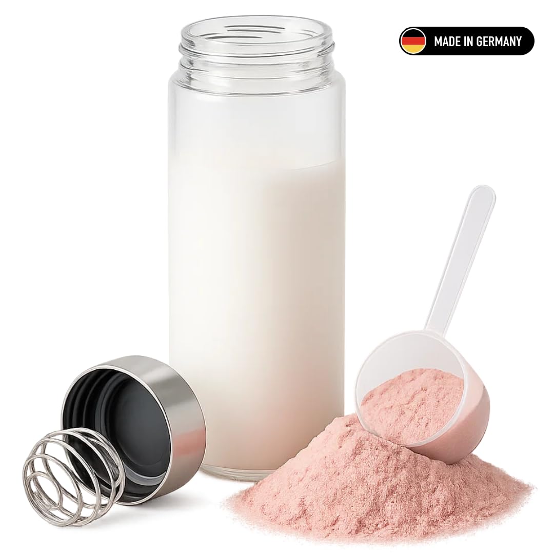 GLASFABRIK Premium Glas Shaker Proteinshake | 500 ml BPA-freie Glasflasche mit Edelstahlkugel | Nachhaltiger Protein Shaker aus Glas | Geschmacksneutral & auslaufsicher | Deutsche Markenqualität