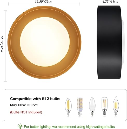 Miniatura 4 de Vikaey Lámpara de techo moderna de mediados de siglo, lámpara de techo redonda minimalista de 2 luces, lámpara de techo de tambor negro y dorado con